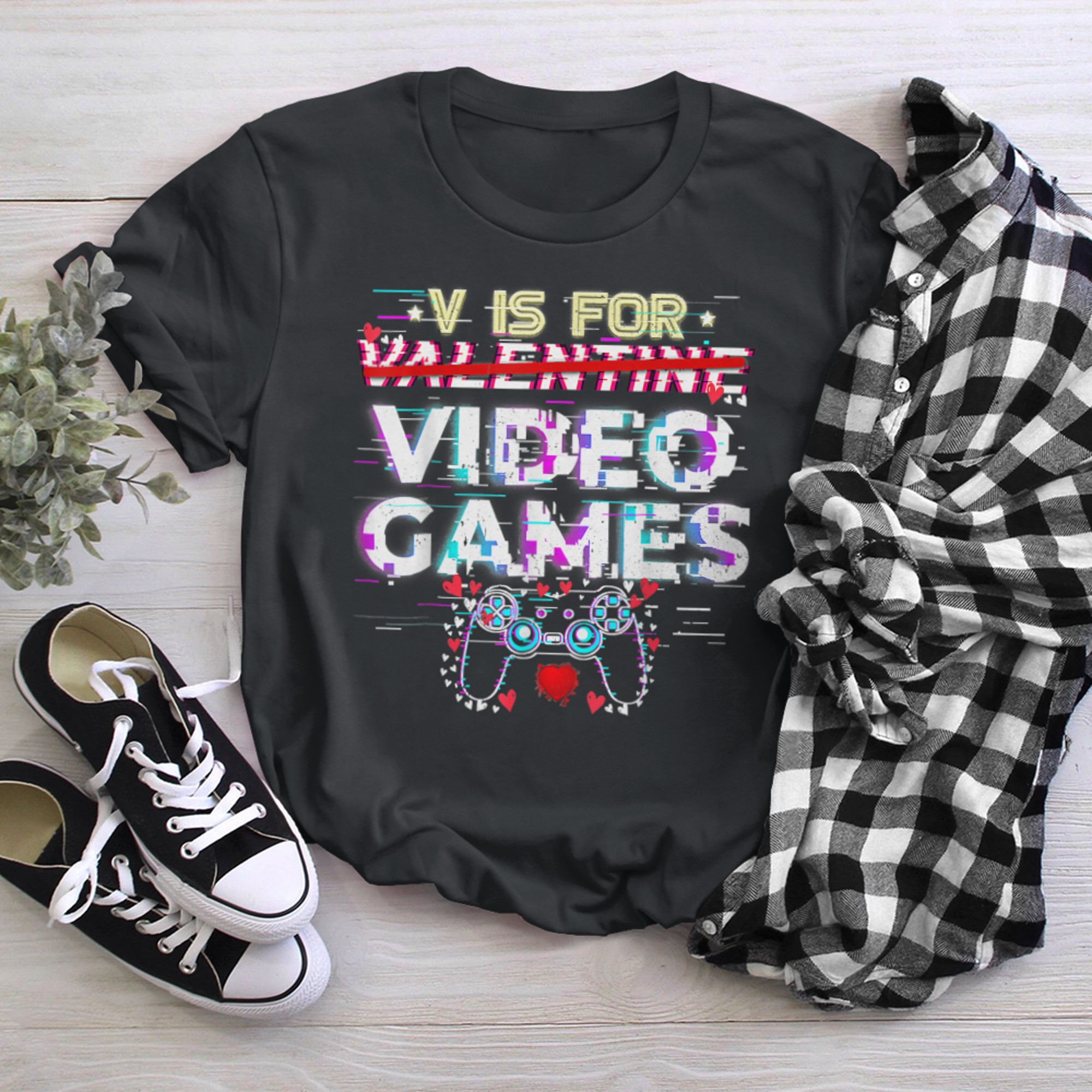 V Is For Video Games Funny Valentines Day Gamer Boy Men - 2023-09-16T114133.666 t-shirt black