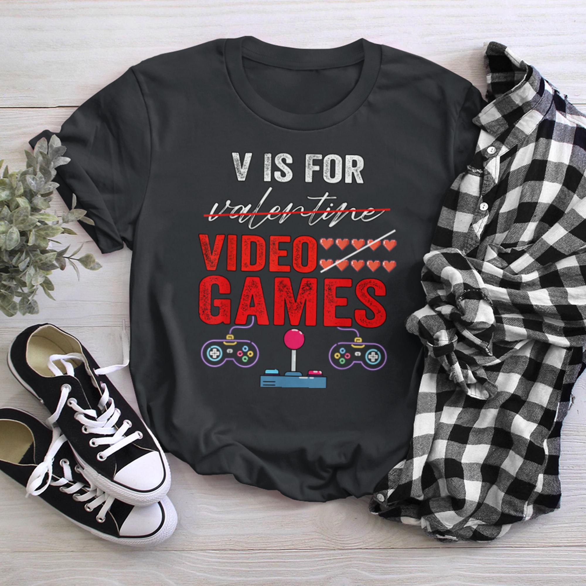 V Is For Video Games Funny Valentines Day Gamer Boy Men Gif t-shirt black