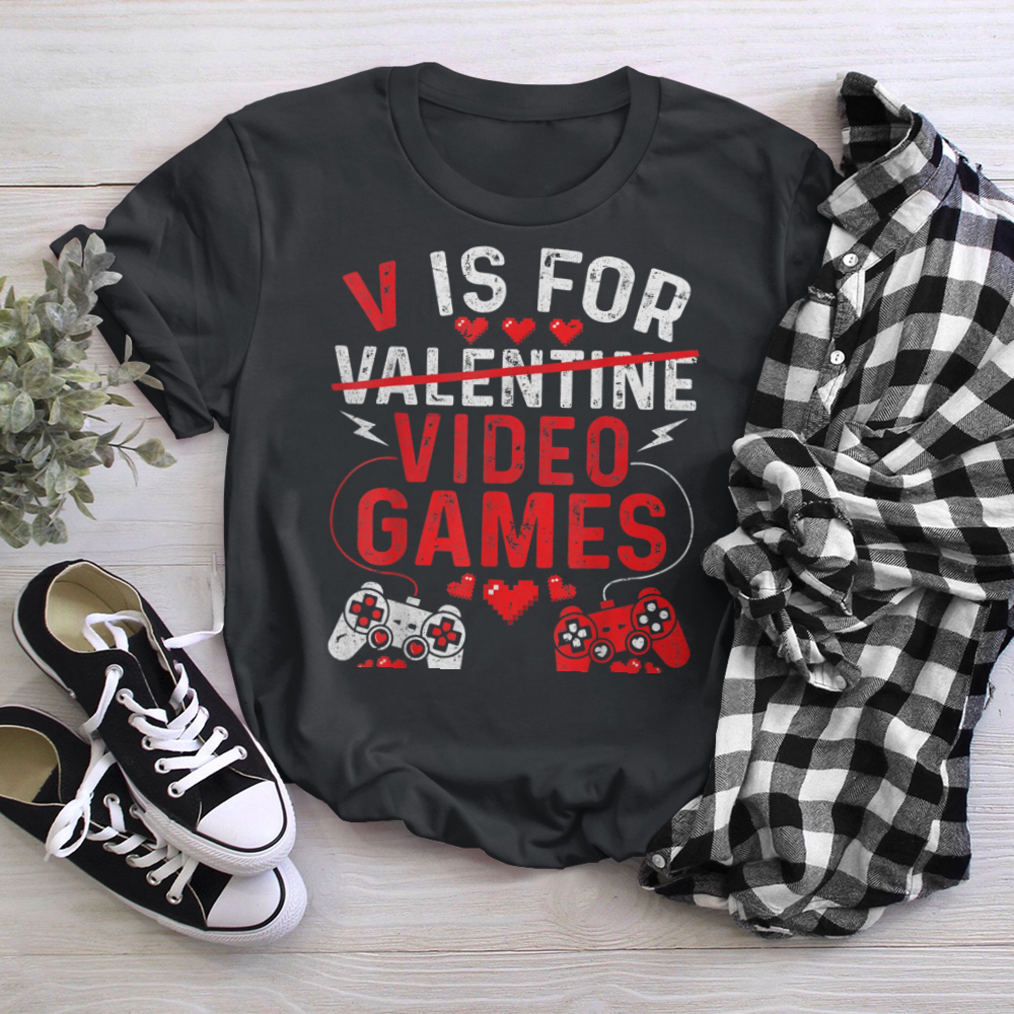 V Is For Video Games Funny Valentines Day Gamer Boys Girls (1) t-shirt black