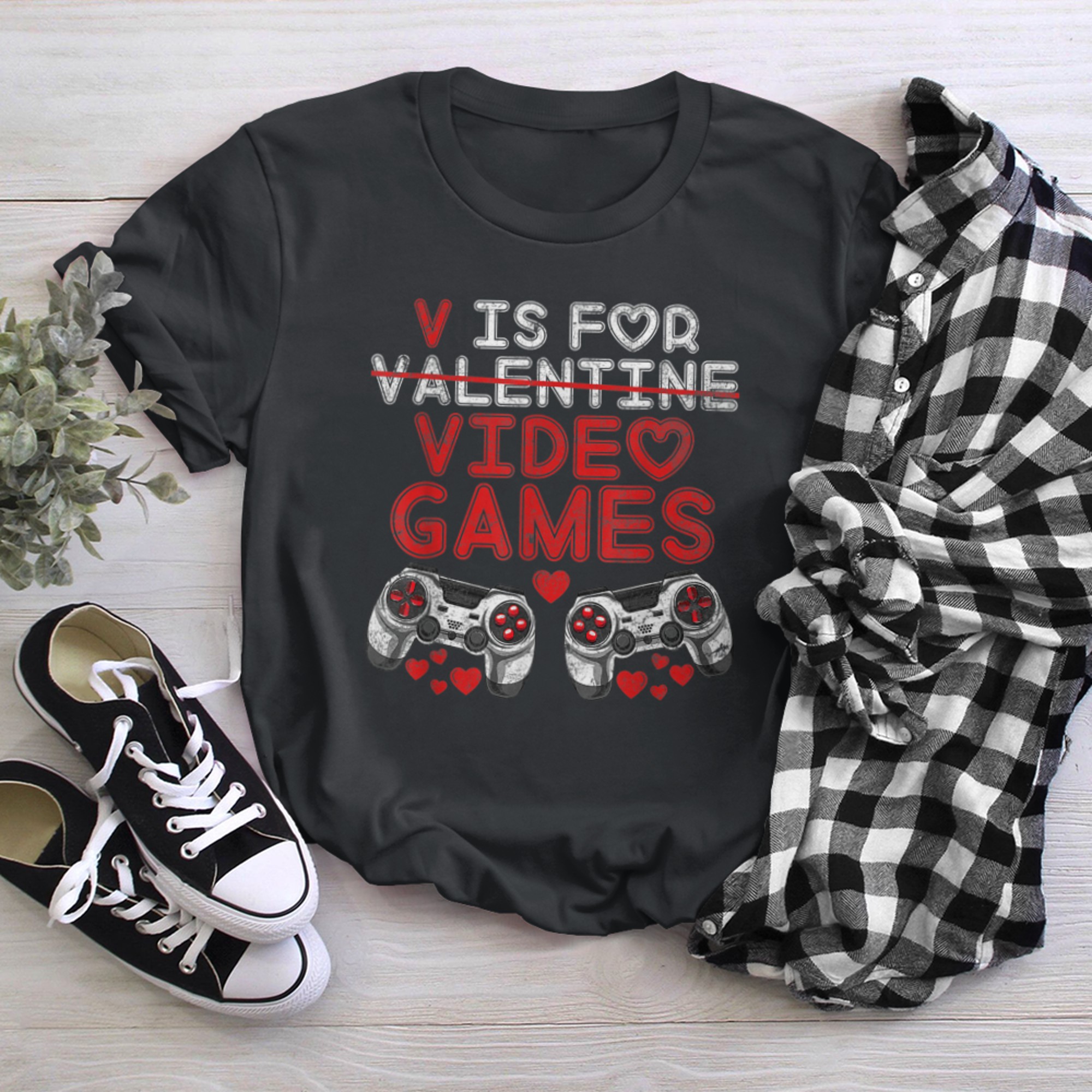 V Is For Video Games Funny Valentines Day Gamer Boys Kids t-shirt black