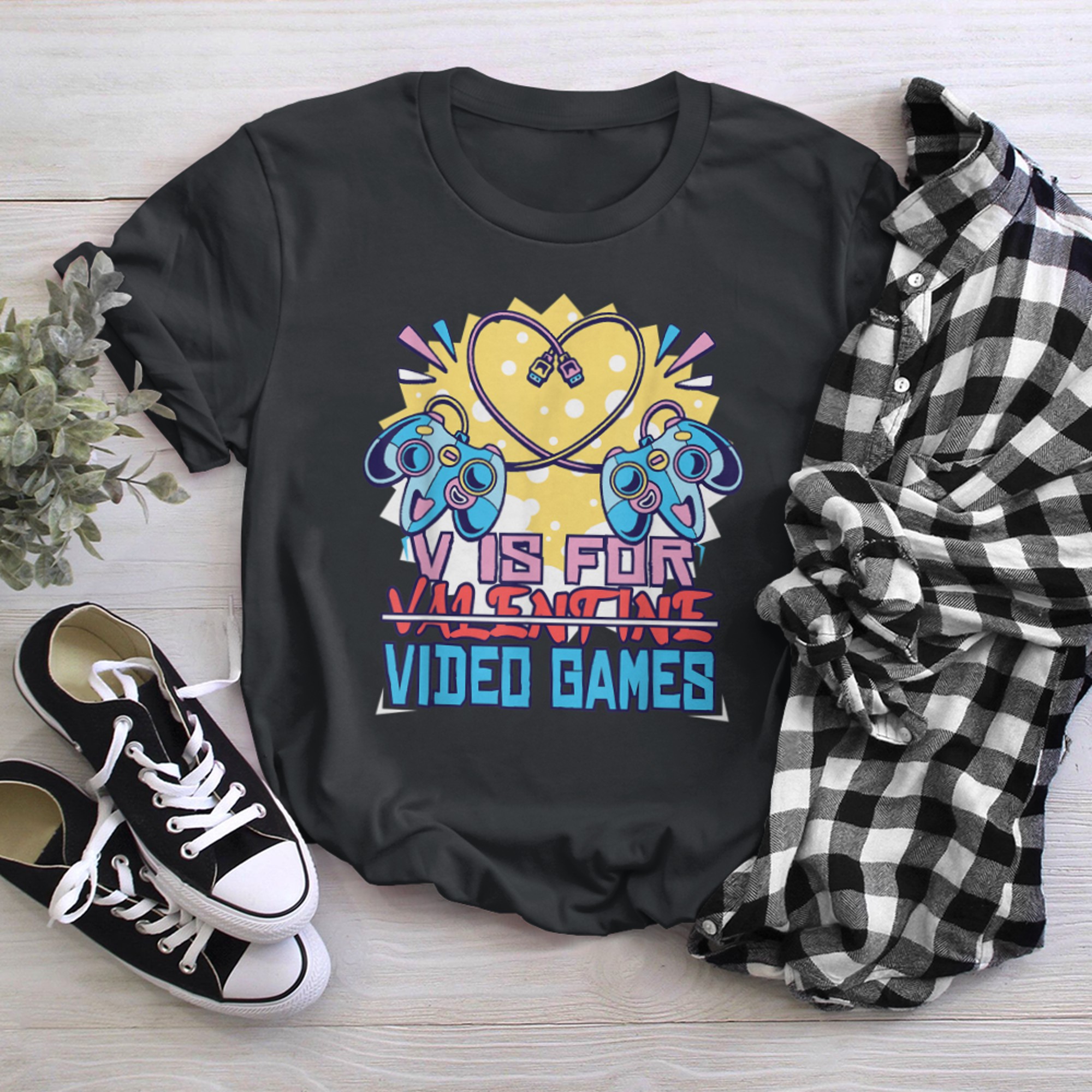 V Is For Video Games Funny Valentines Day Gamer Boys t-shirt black