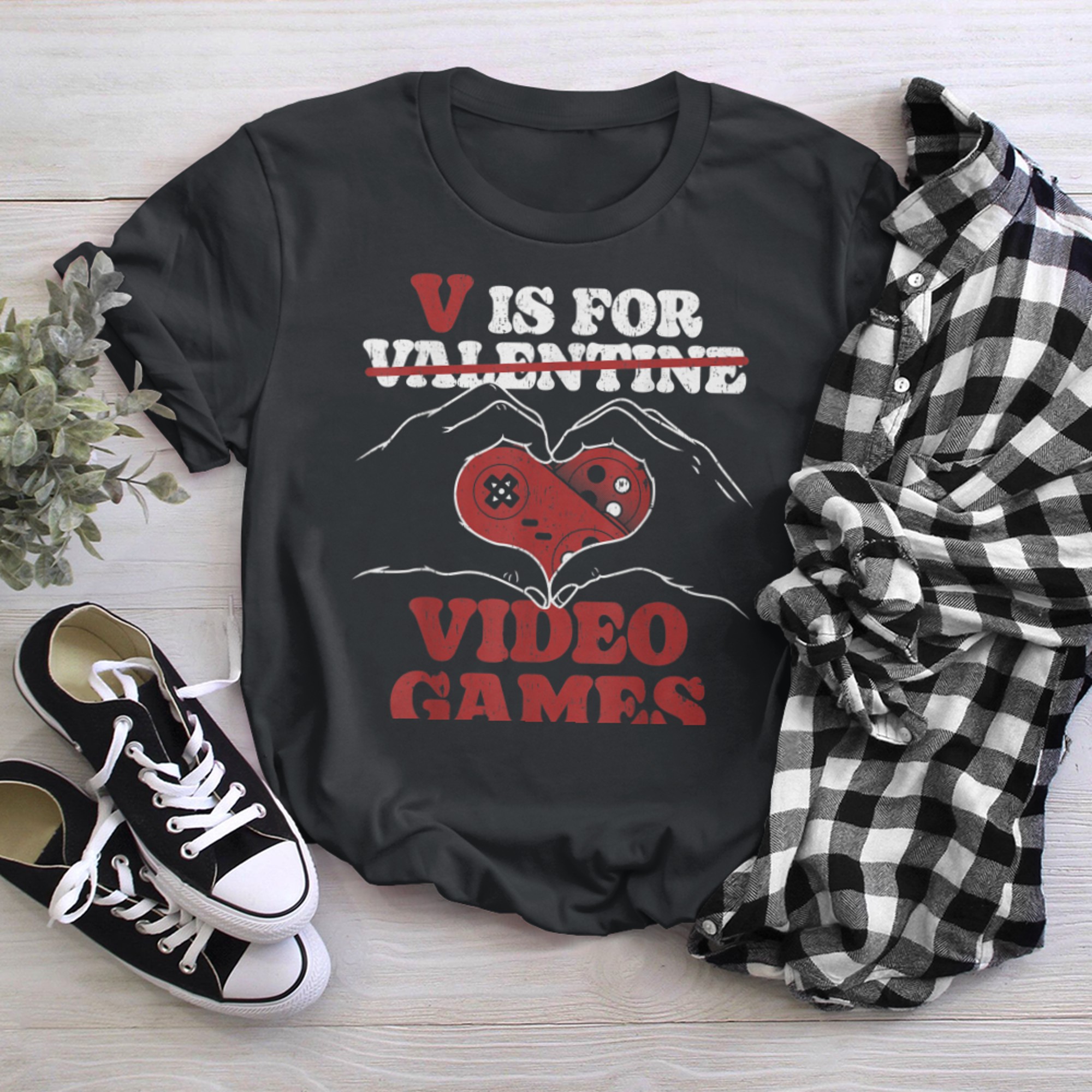 V Is For Video Games Funny Valentines Day Gamer Couple t-shirt black