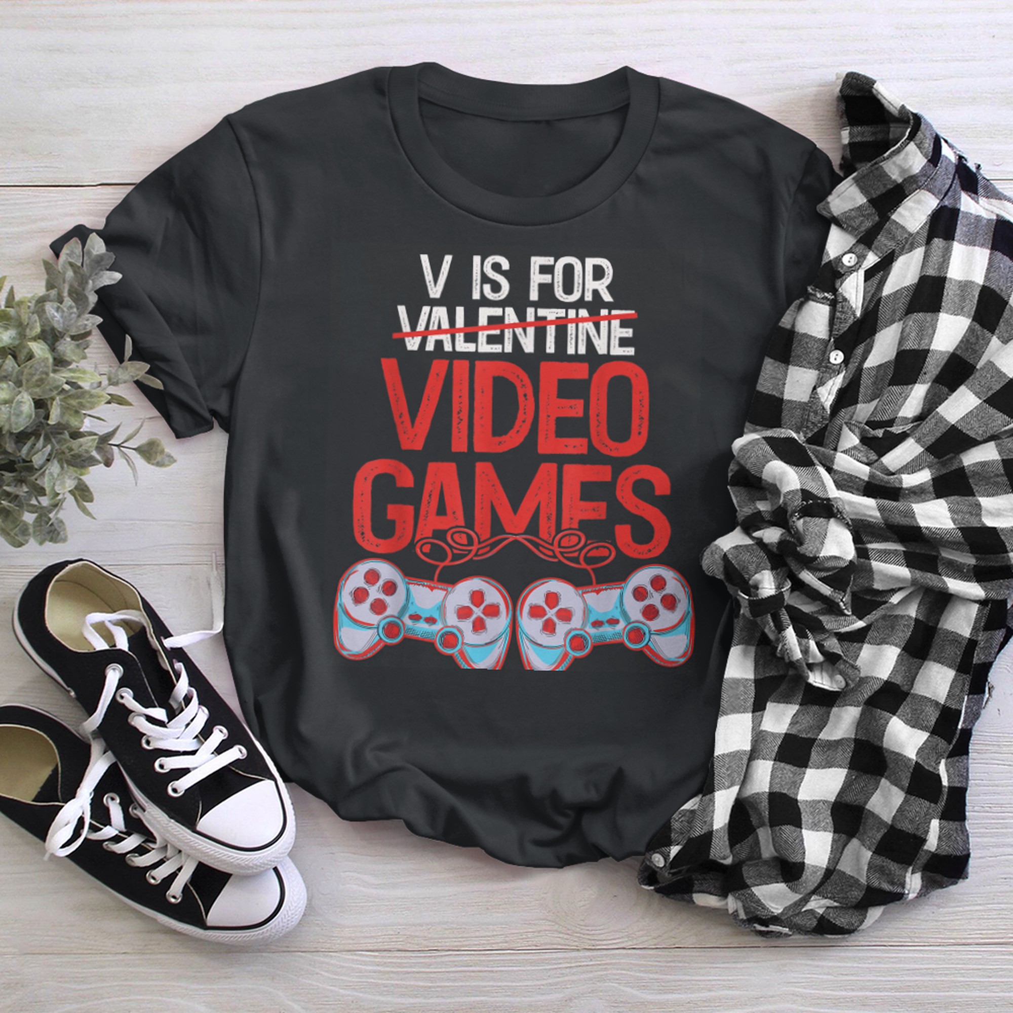 V Is For Video Games Funny Valentines Day Gamer Men Women t-shirt black