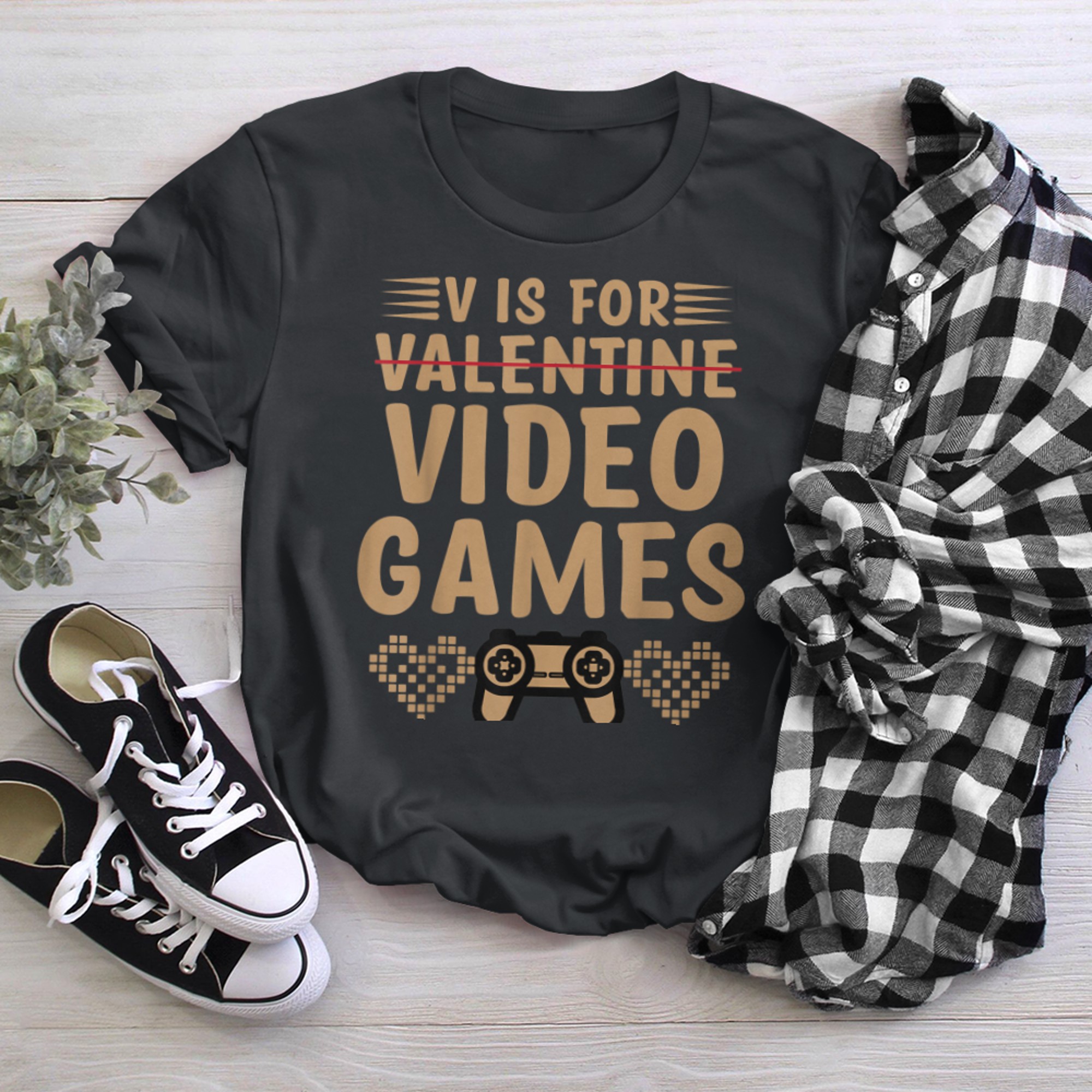 V Is For Video Games Funny Valentines Day Gamer t-shirt black