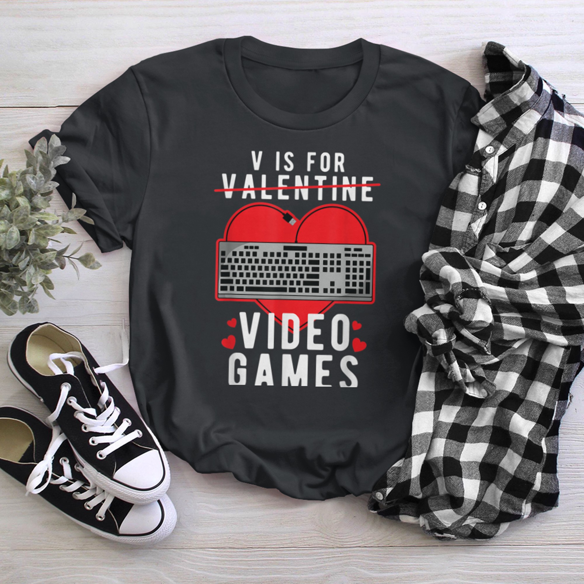 V is for Video Games Funny Valentines Day PC Gamer t-shirt black