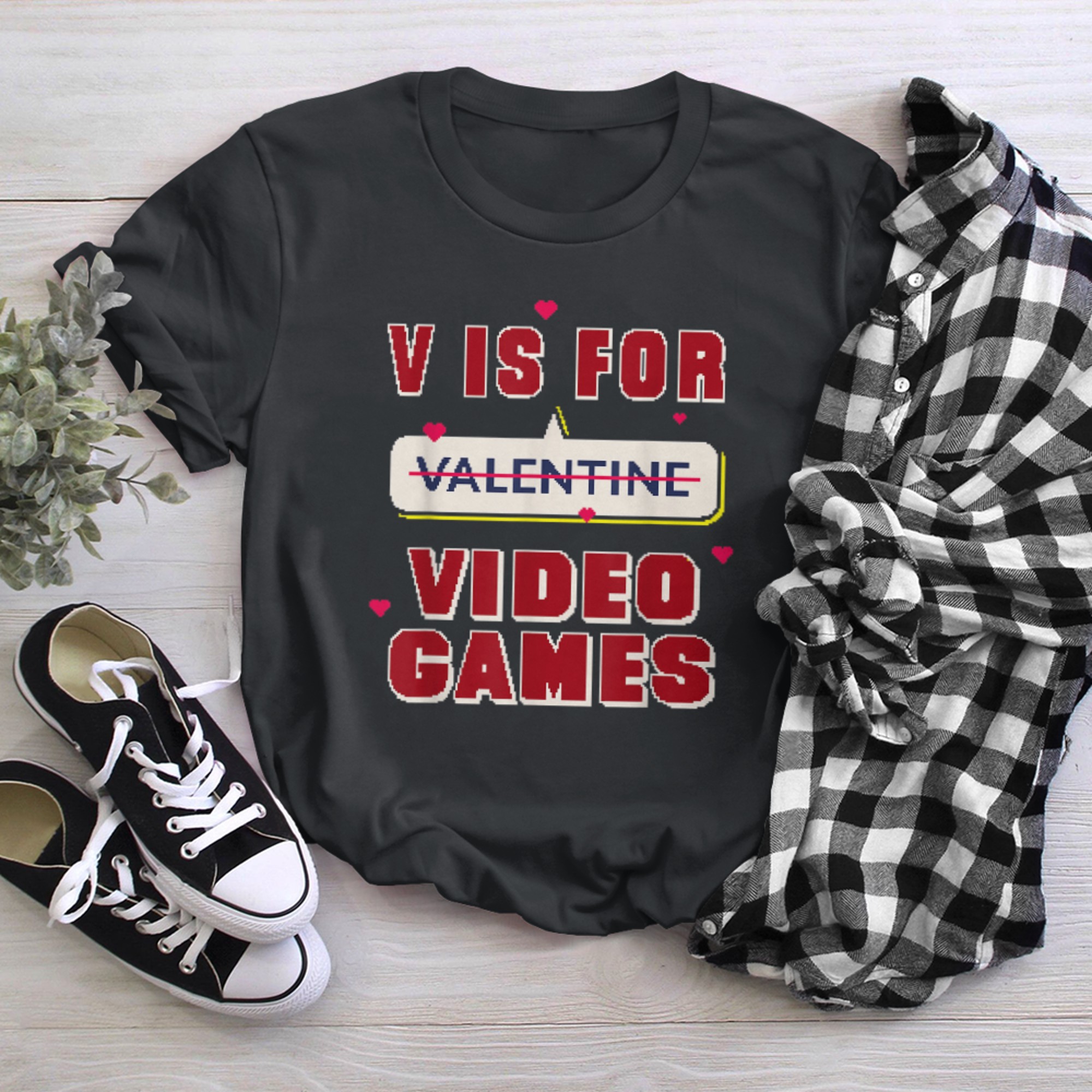 V is for Video Games Funny Valentine's Day Quote for Gamers (2) t-shirt black