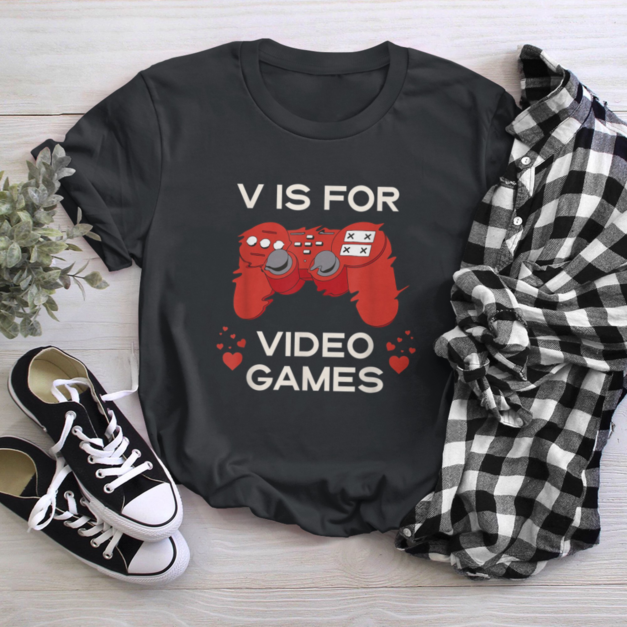 V is for Video Games Funny Valentine's Day Quote for Gamers t-shirt black