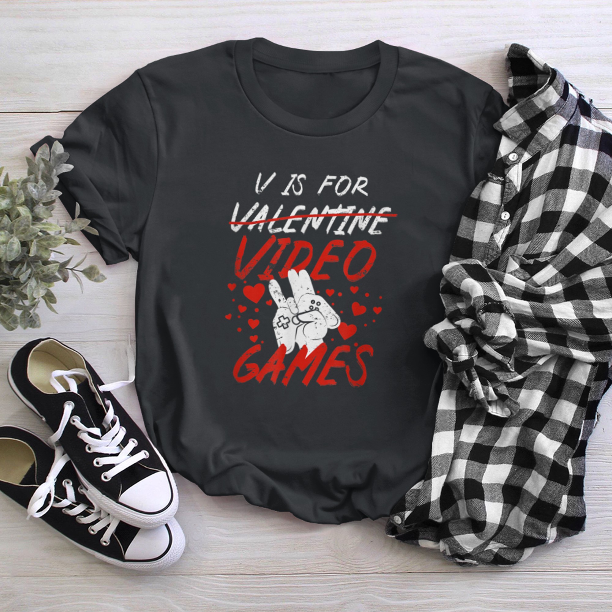 V is for Video Games Funny Valentines Day Shocker t-shirt black