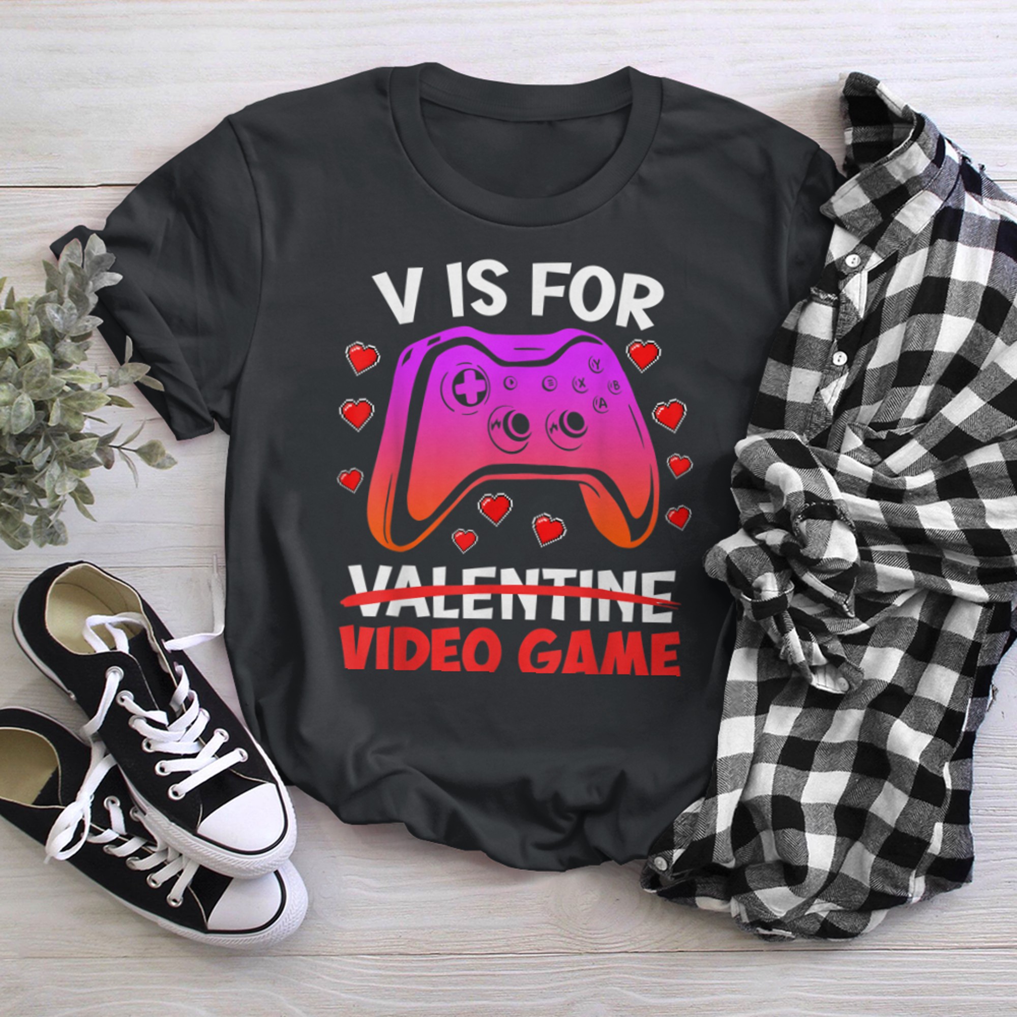 V is for video games gambling Valentine's Day (1) t-shirt black