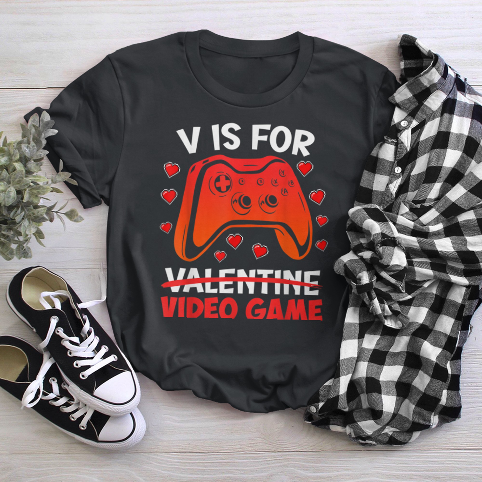 V is for video games gambling Valentine's Day t-shirt black