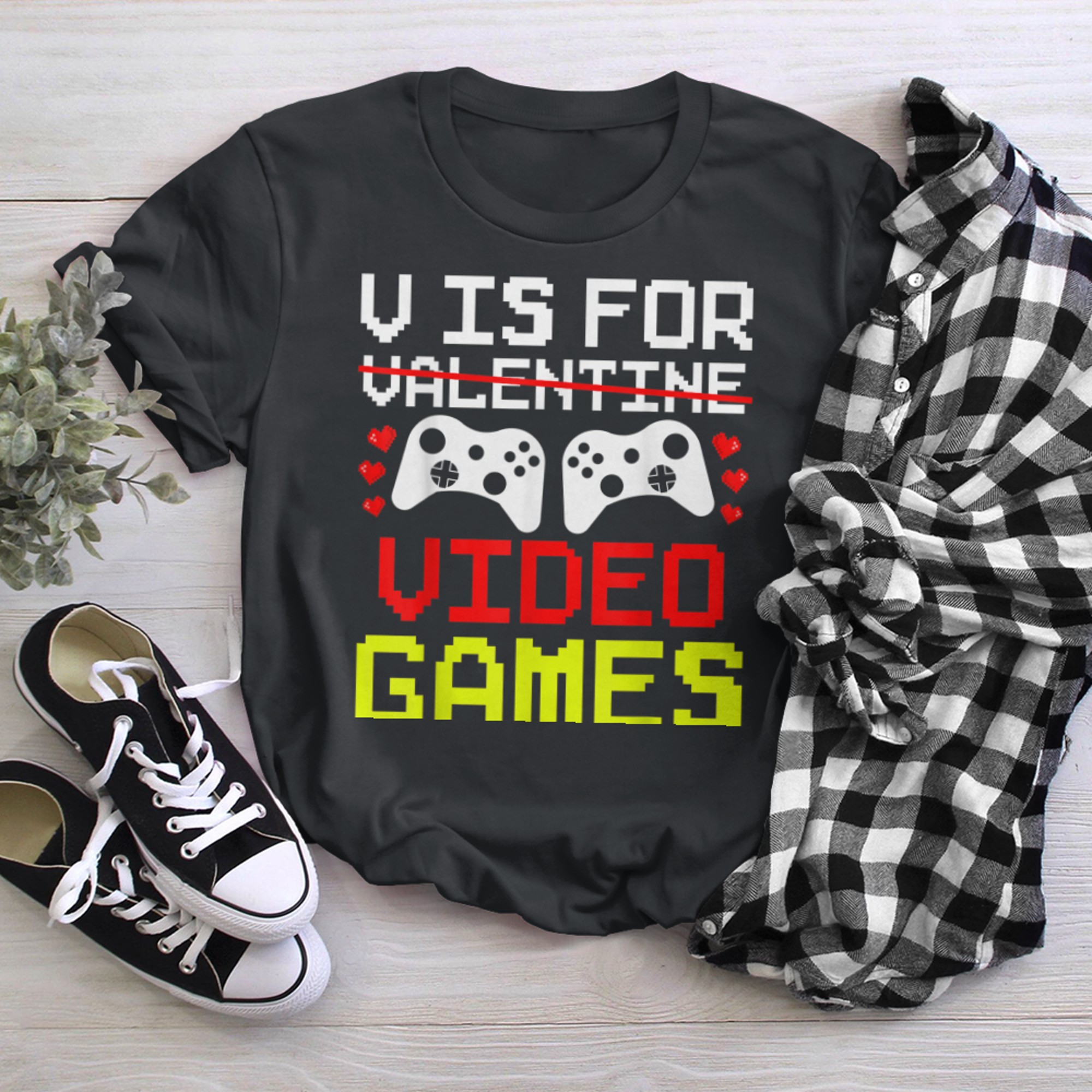 V Is For Video Games Gamer Couple Valentine's Day t-shirt black