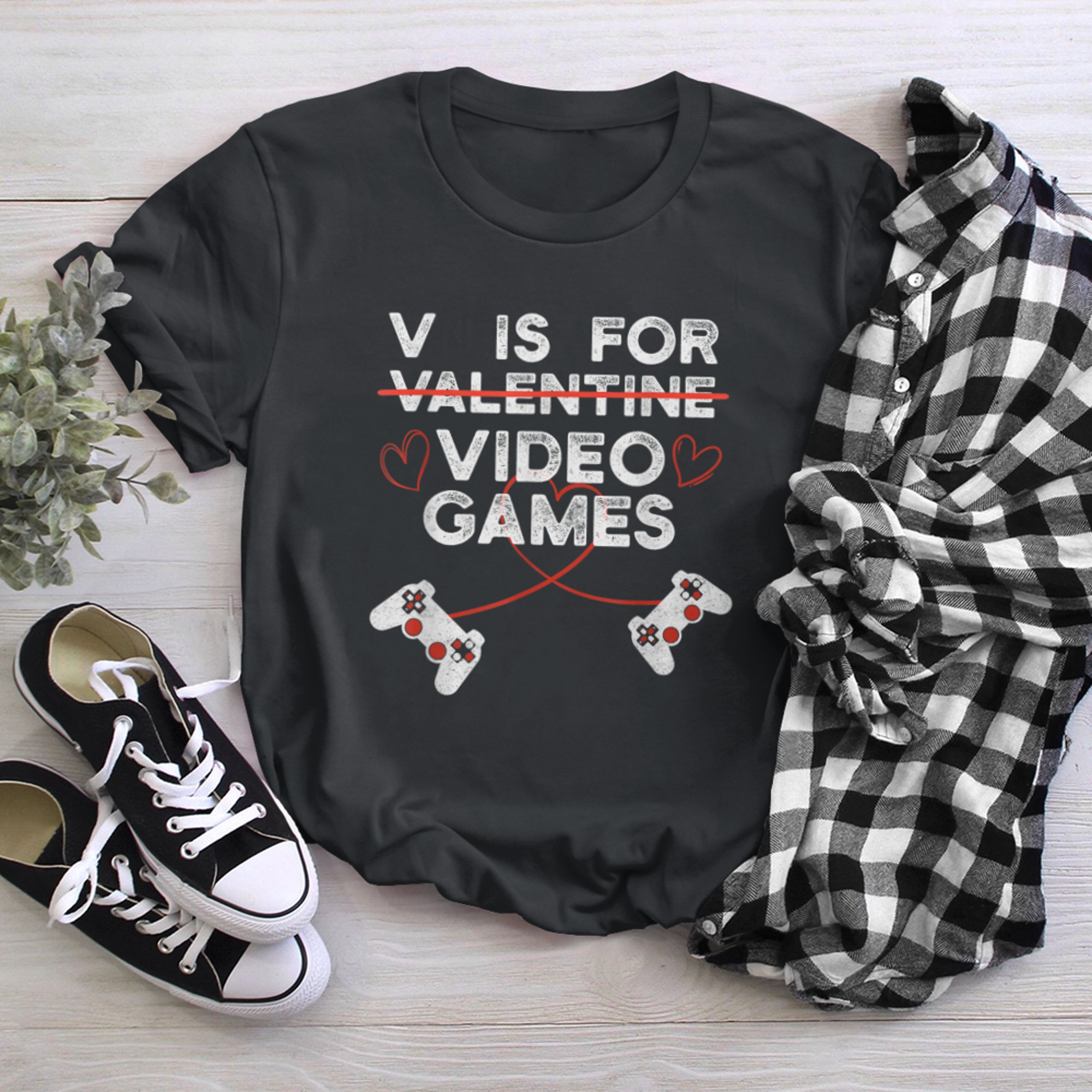 V Is For Video Games, Gamer Valentine's Day t-shirt black