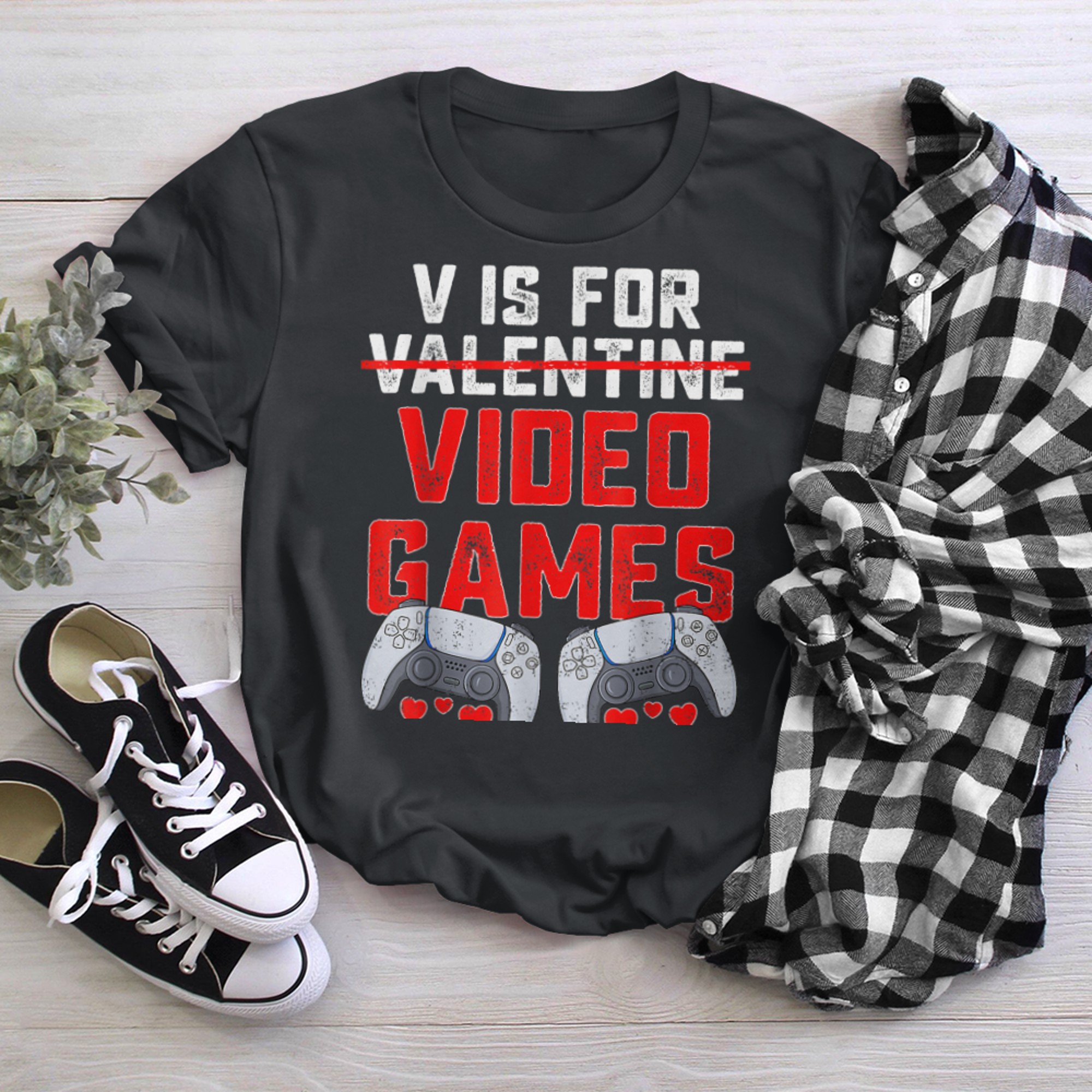 V is For Video Games Not Valentines Day Funny Heart Player (9) t-shirt black