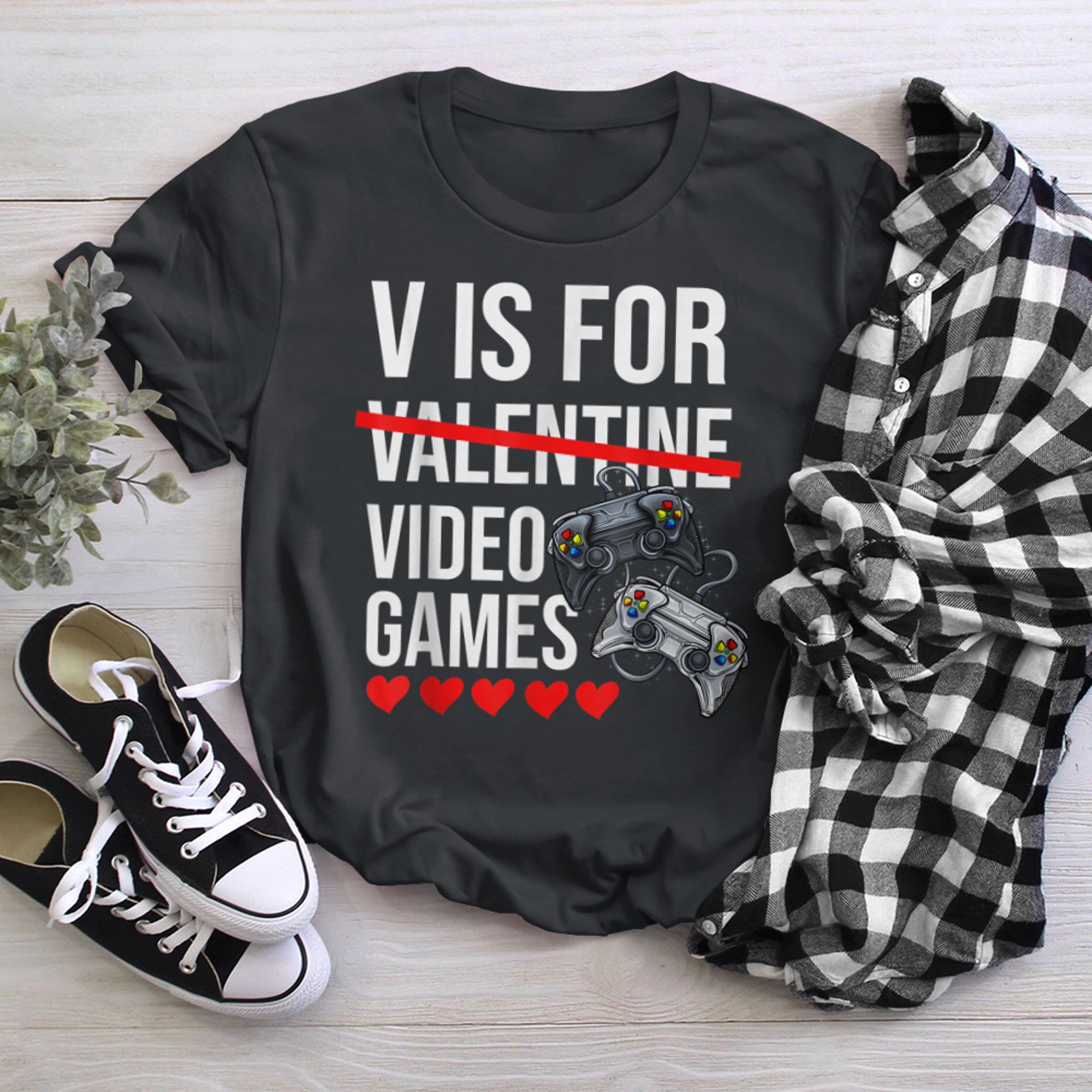 V is For Video Games Not Valentines Day Funny Heart Player t-shirt black