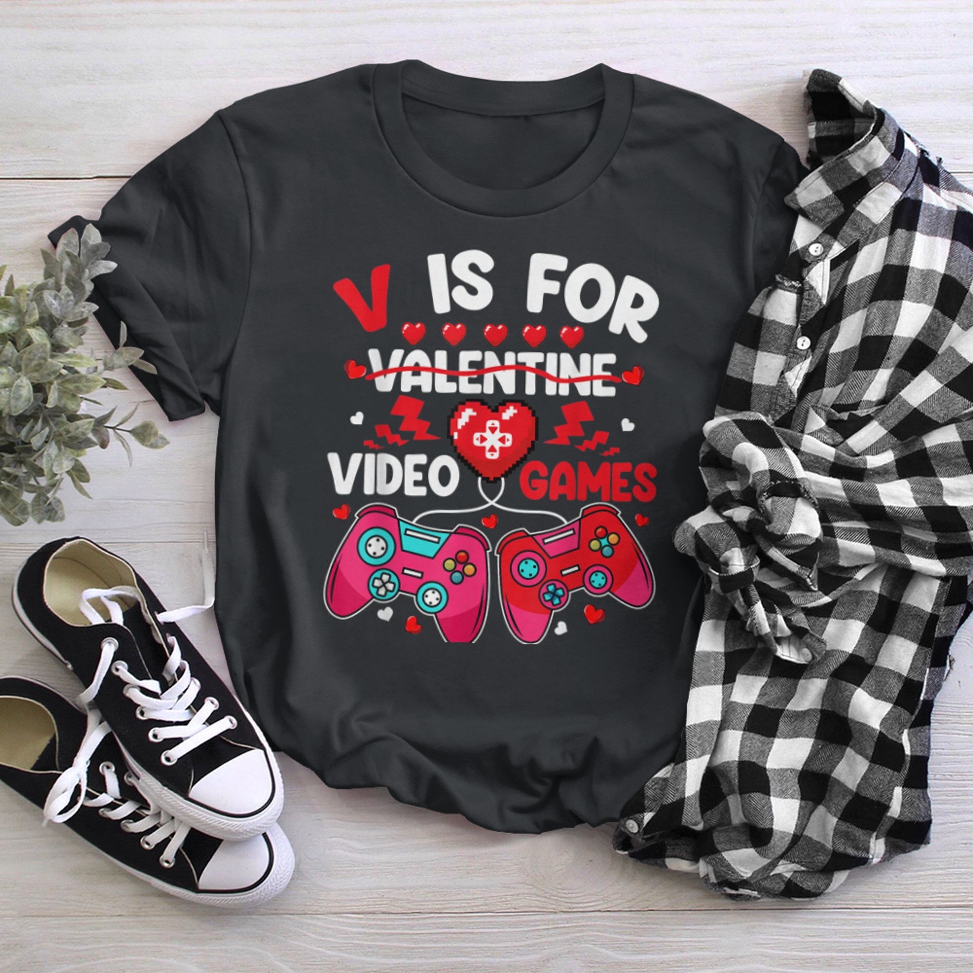 V is for Video Games Shirt Valentines Day for Boys Girls t-shirt black