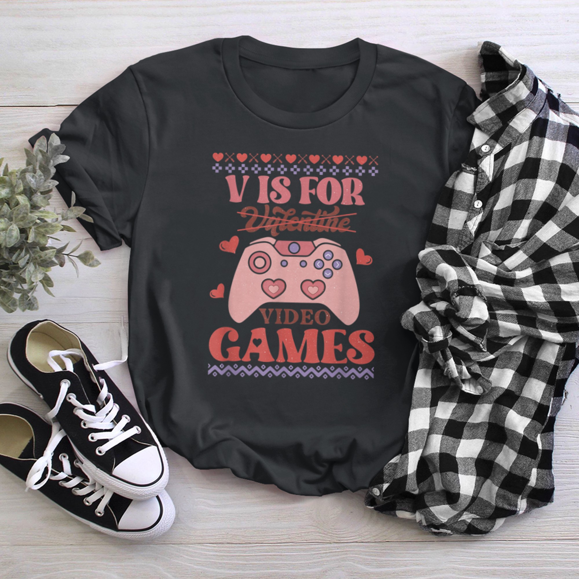 V is for Video Games Ugly Valentines Sweater, Gamers V-day t-shirt black