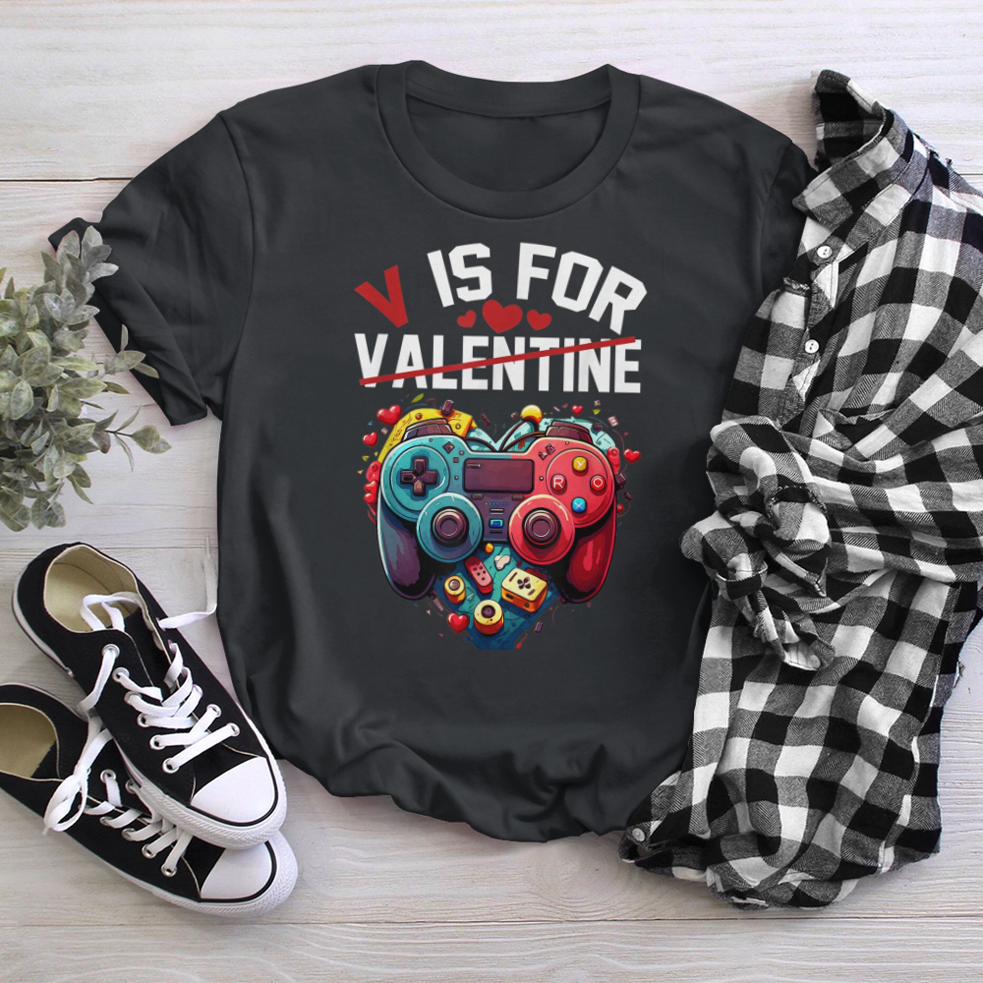 V Is For Video Games Valentine Gamer Boy Men Valentines Day t-shirt black