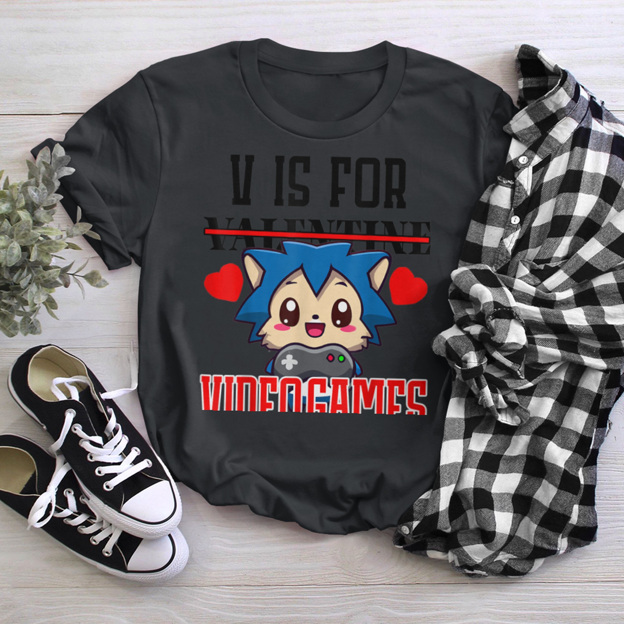 V Is For Video Games Valentines Day Anime Kawaii Hedgehog (1) t-shirt black