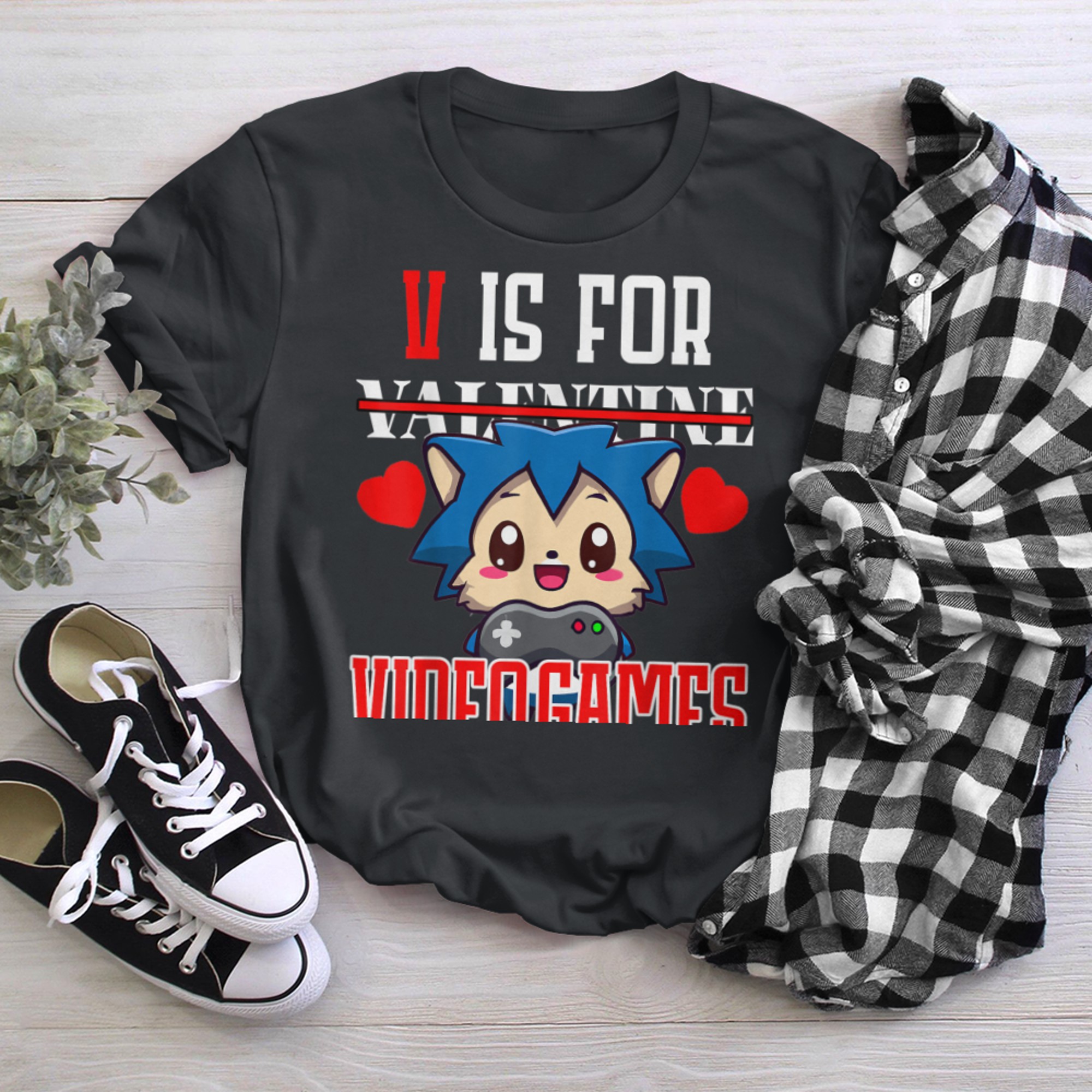 V Is For Video Games Valentines Day Anime Kawaii Hedgehog t-shirt black