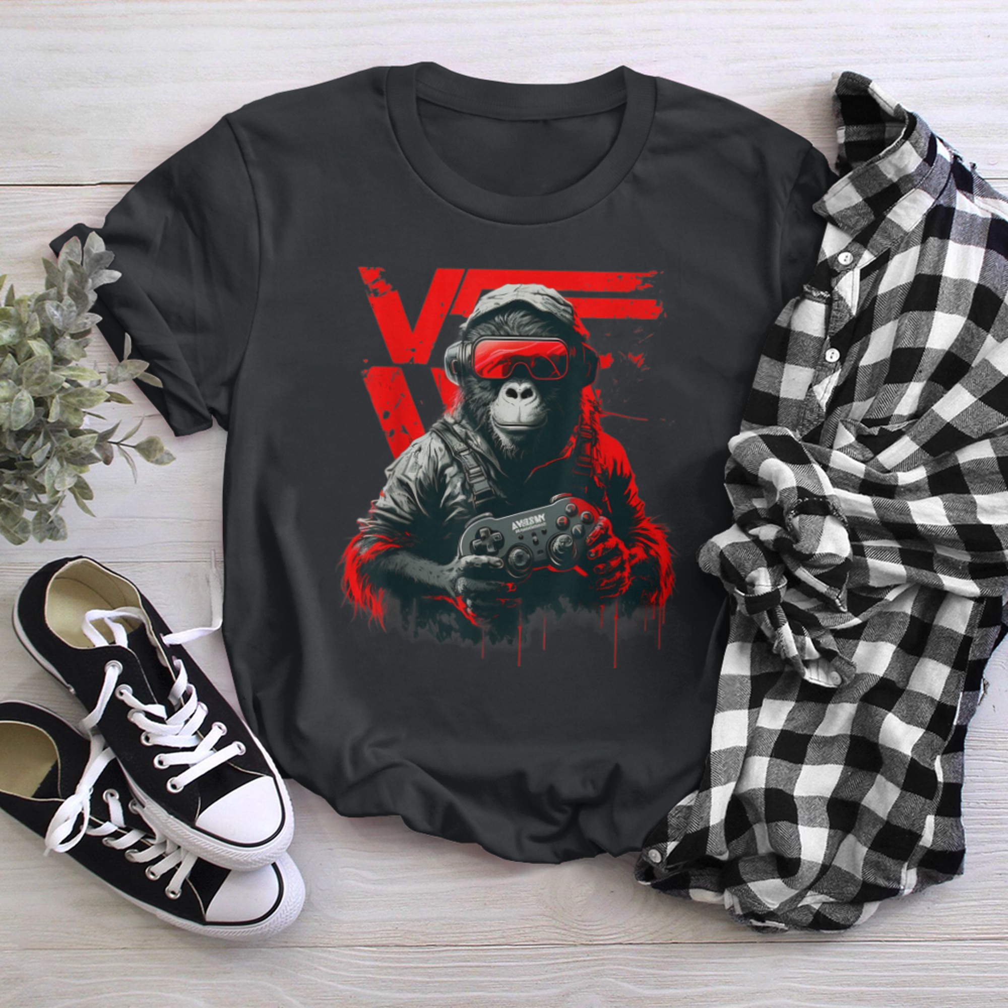 V is for Video Games Valentines Day artistic Gamer Monkey t-shirt black