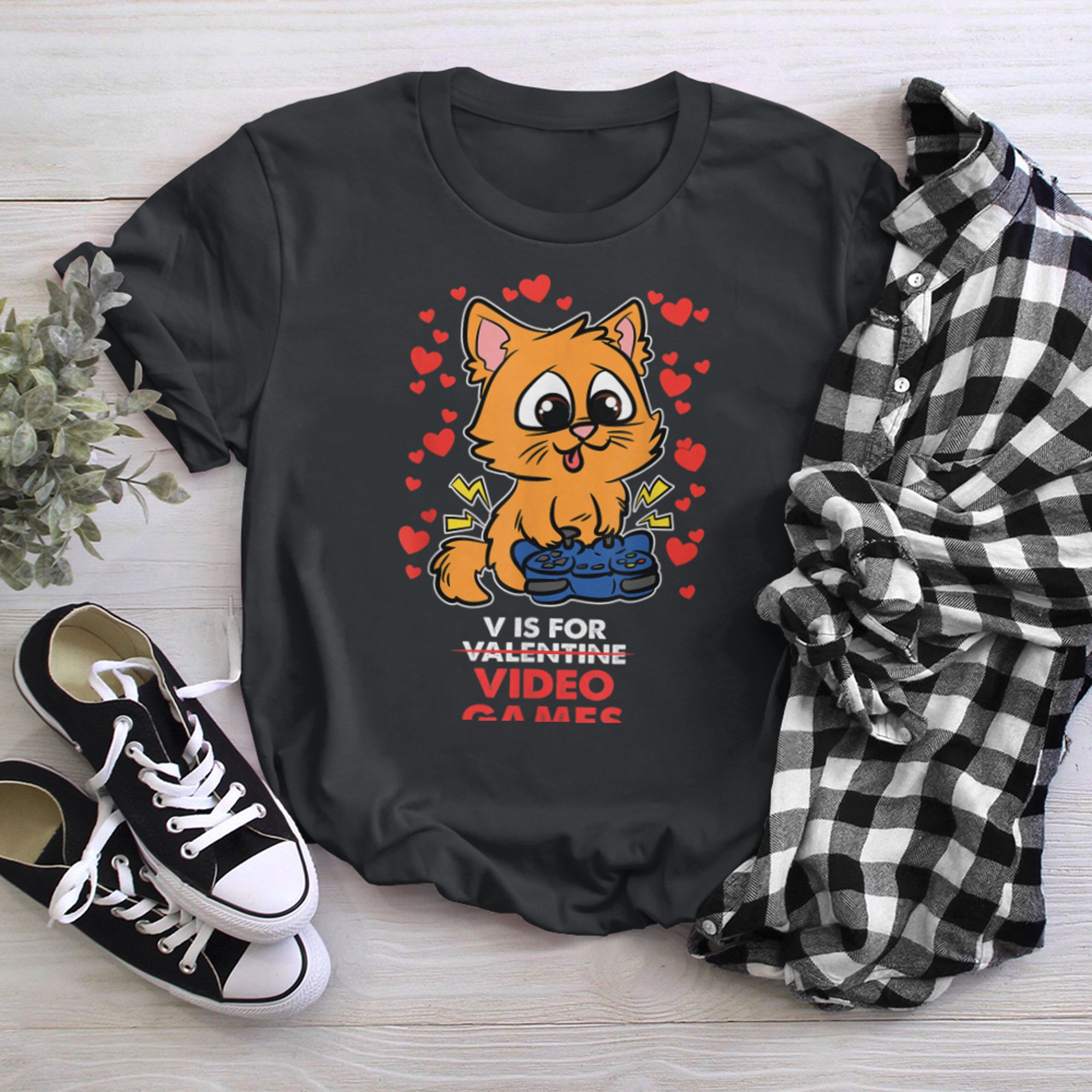 V Is For Video Games Valentines Day Cute Cat Gaming Gamer t-shirt black