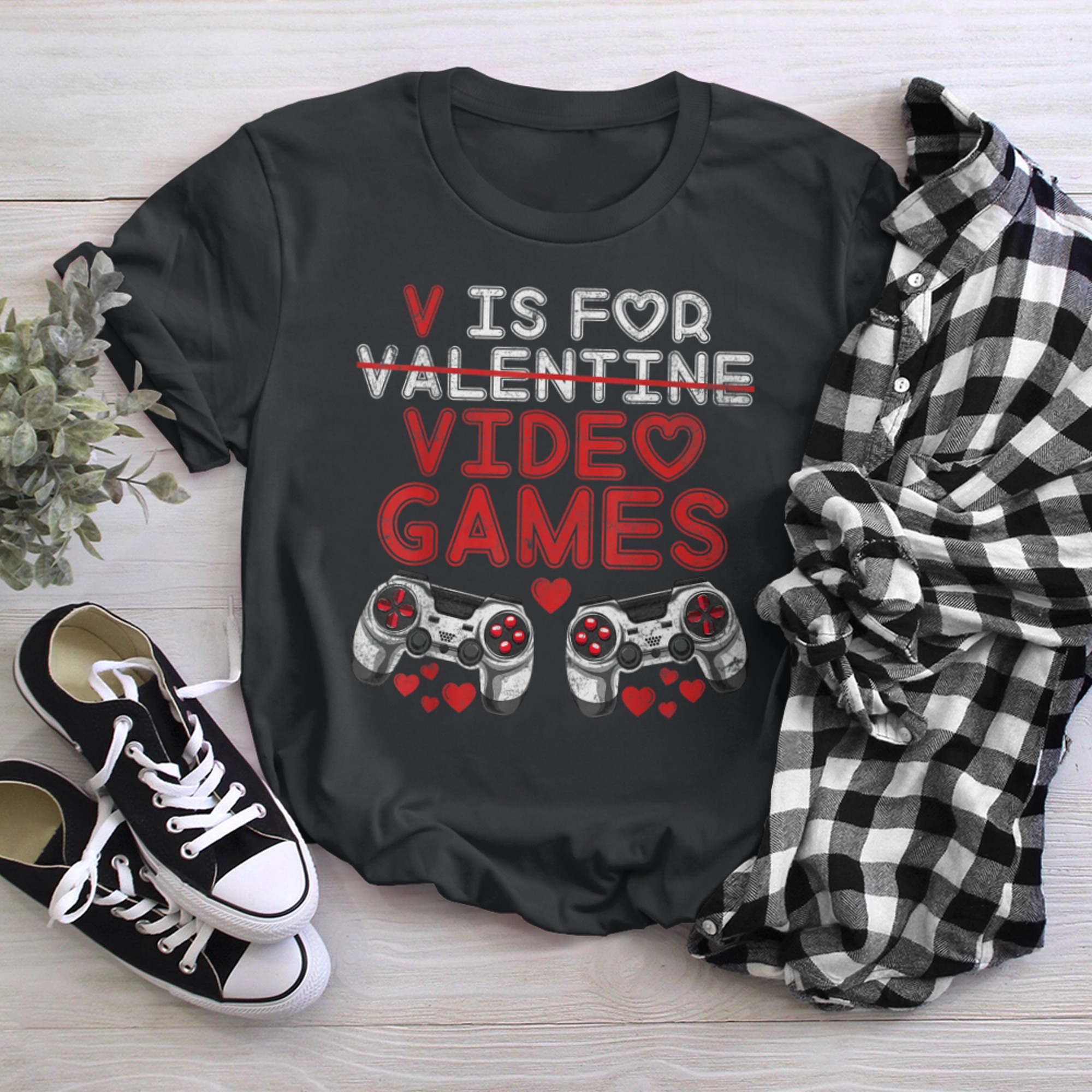 V Is For Video Games Valentines Day Funny Boys Kids t-shirt black