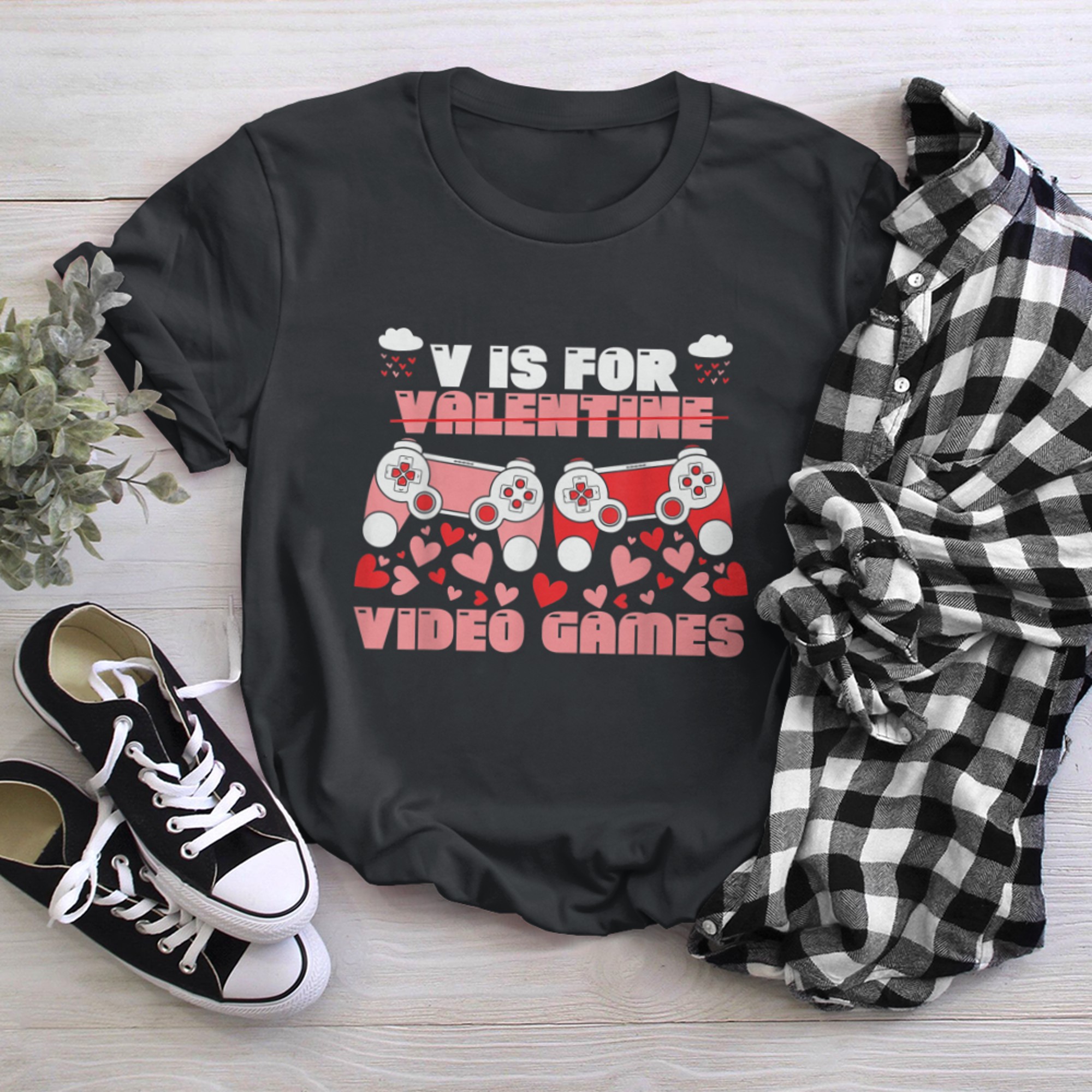 V Is For Video Games Valentines Day Funny Gamer Boys Kids (6) t-shirt black