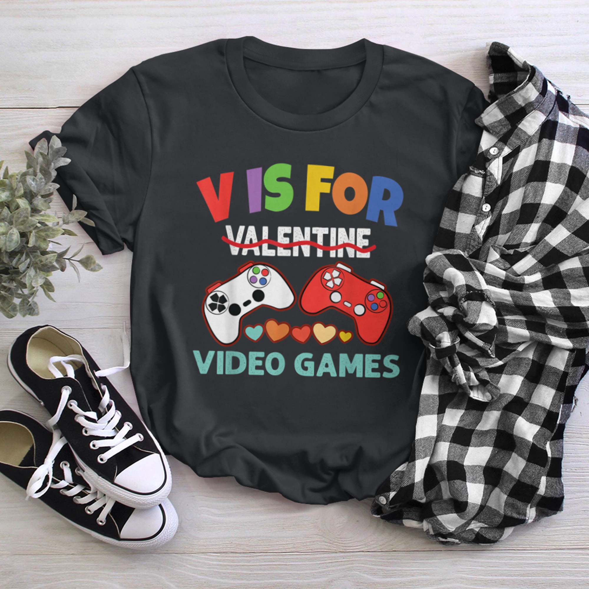 V Is For Video Games Valentines Day Funny Gaming Gamer t-shirt black