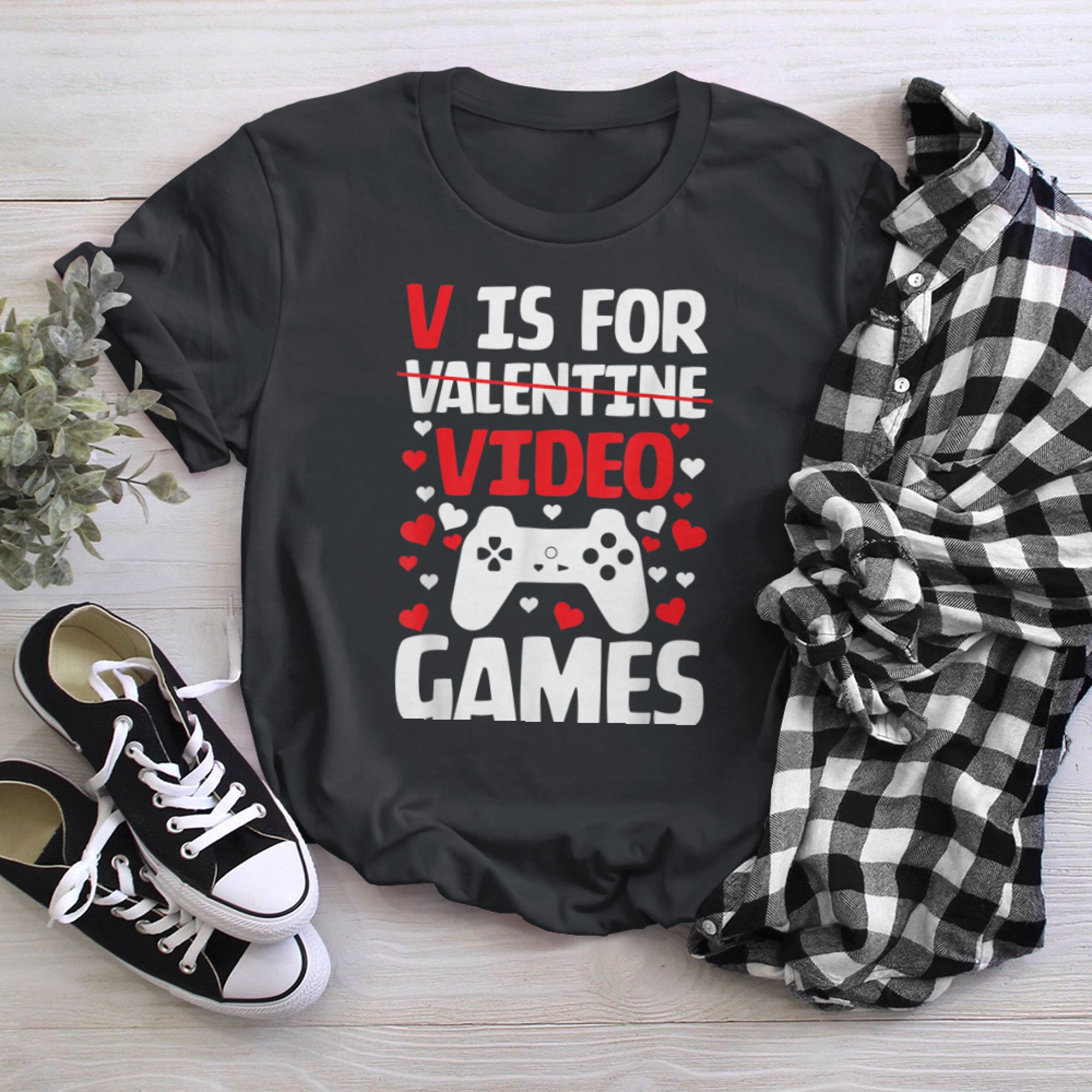 V is for Video Games Valentines day funny t-shirt black