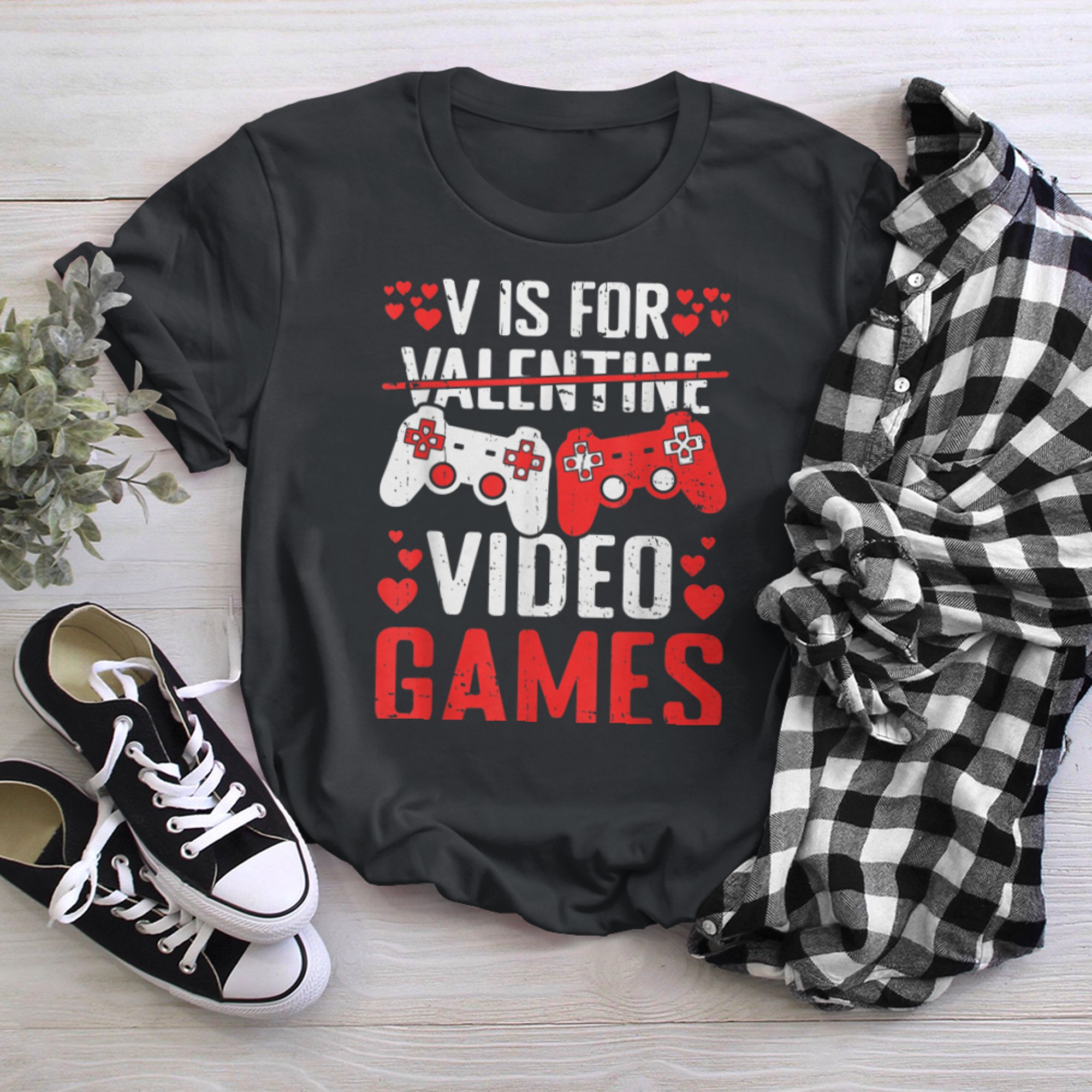 V Is For Video Games Valentines Day Funny Valentine Gaming (1) t-shirt black