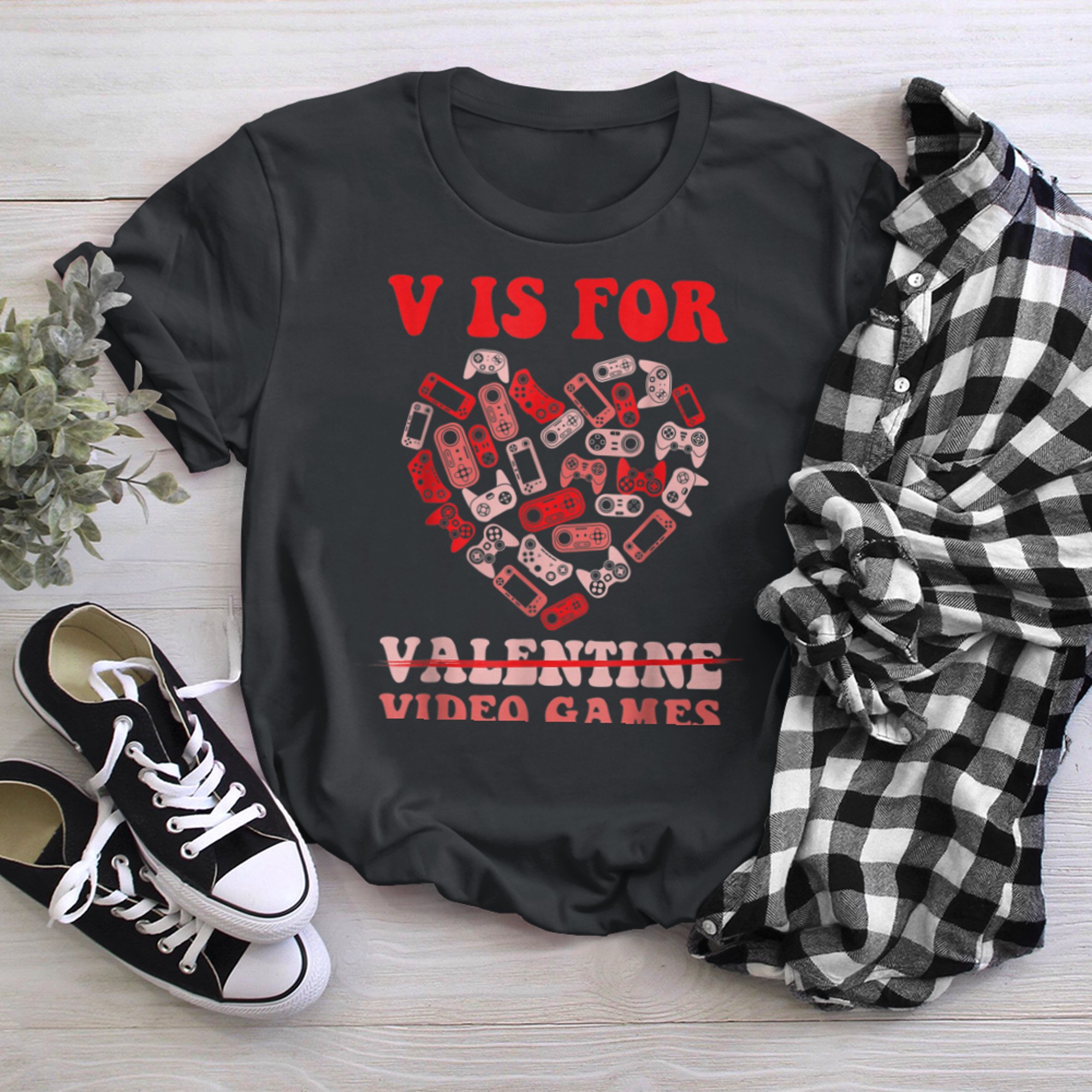 V Is For Video Games Valentines Day Funny Valentine Gaming (11) t-shirt black