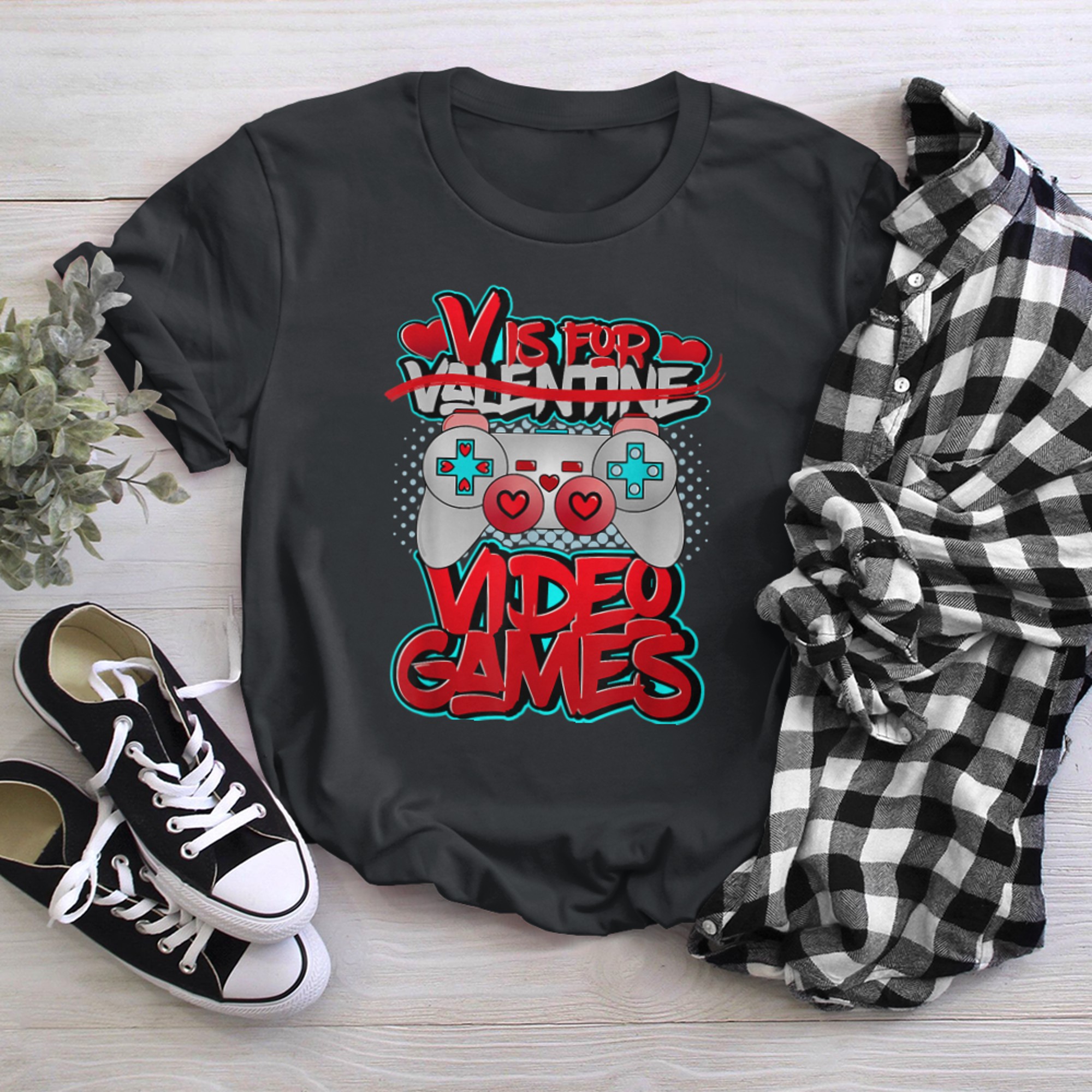 V Is For Video Games Valentines Day Funny Valentine Outfit t-shirt black