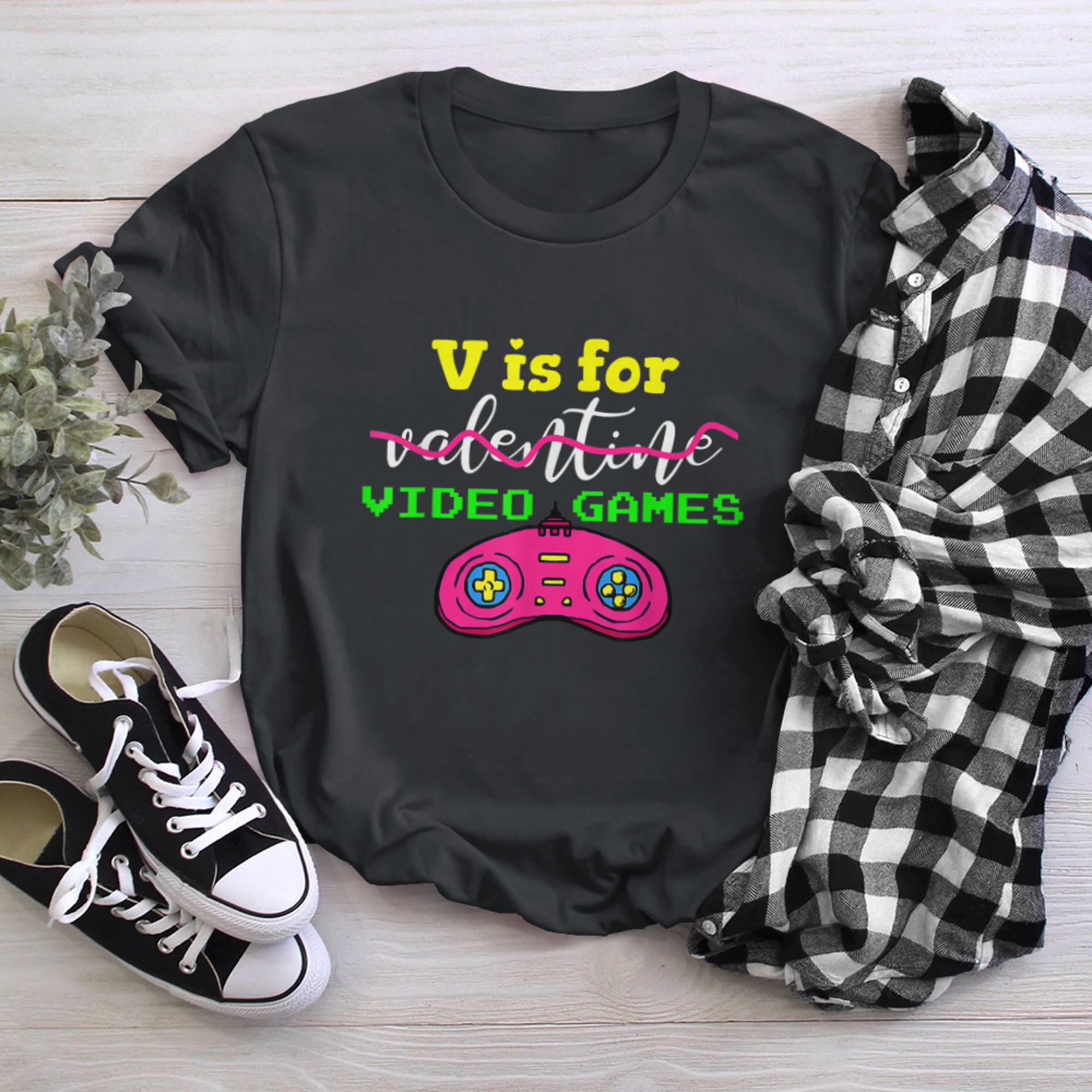 V Is For Video Games Valentines Day Gamer (1) t-shirt black