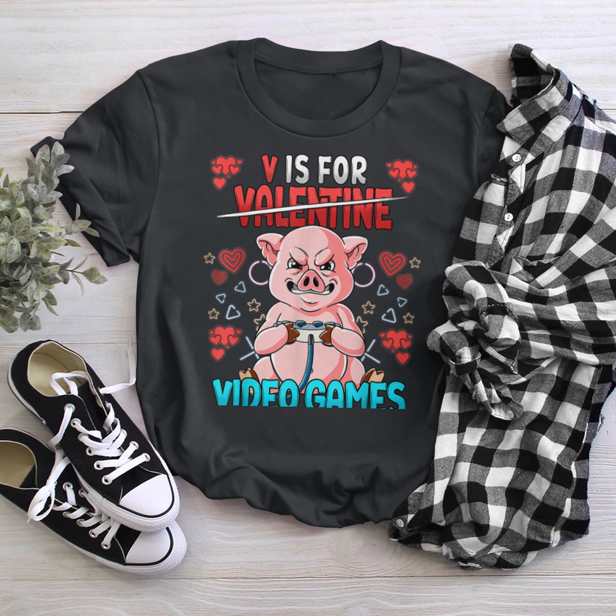 V Is For Video Games Valentines Day Gamer (2) t-shirt black