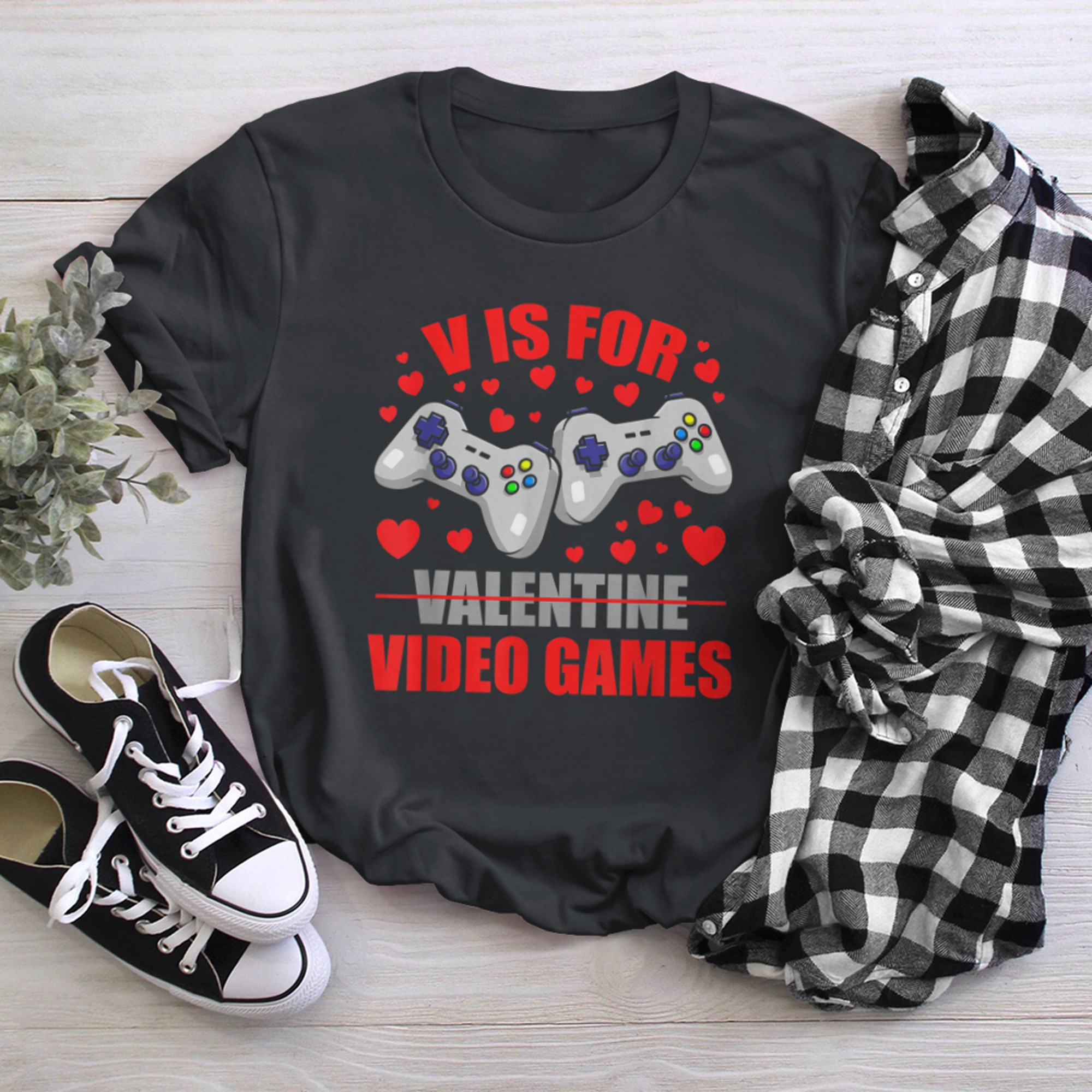 V Is For Video Games Valentines Day Gamer (8) t-shirt black