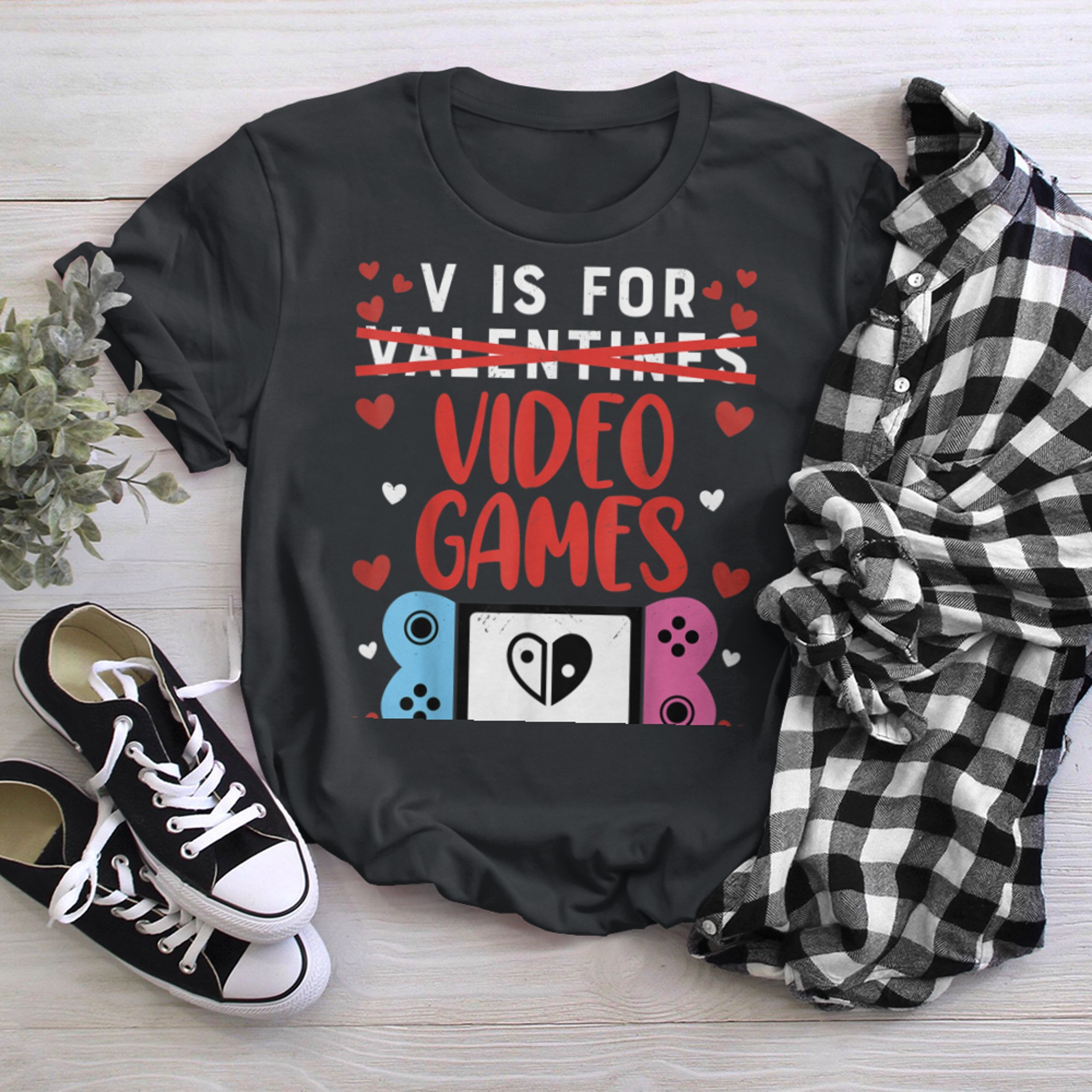 V is for Video Games Valentines Day Gamer Funny V-day Gaming t-shirt black