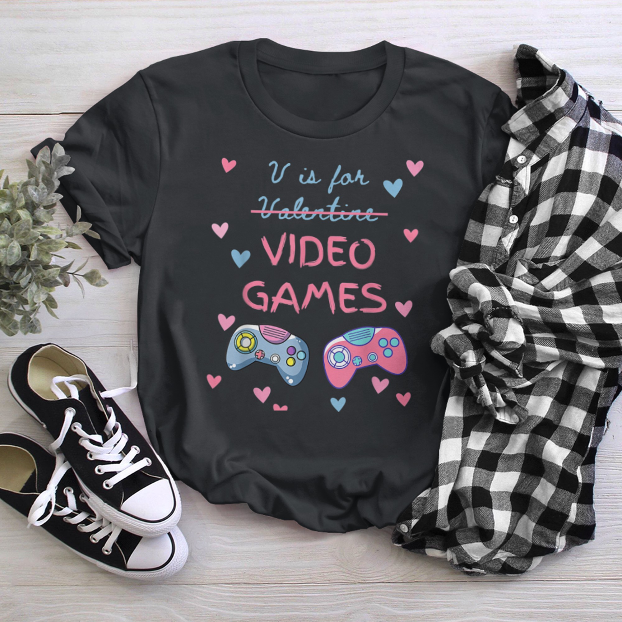 V Is For Video Games Valentines Day Gamer Girl Womens t-shirt black