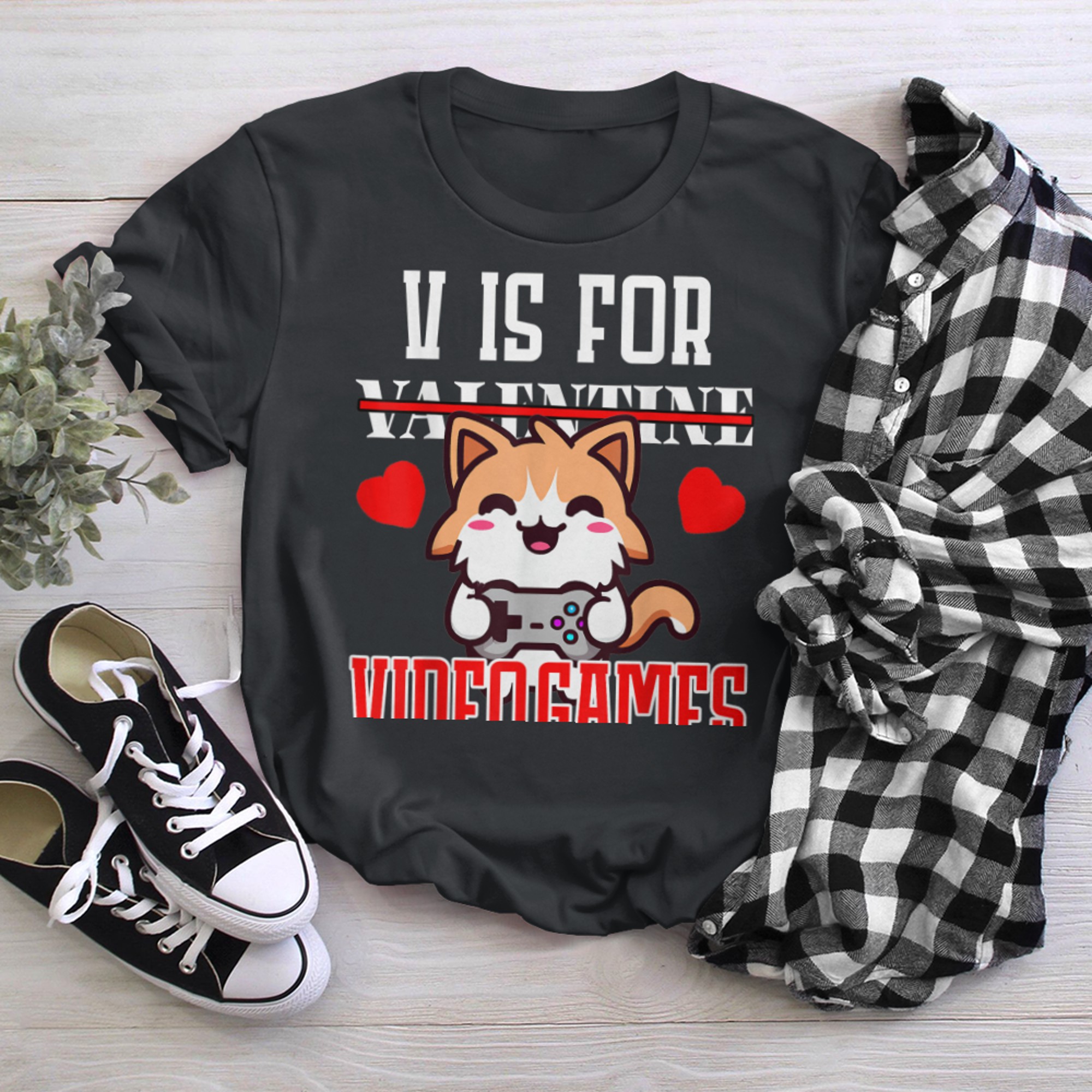 V Is For Video Games Valentines Day Kawaii Anime cat 2023 t-shirt black