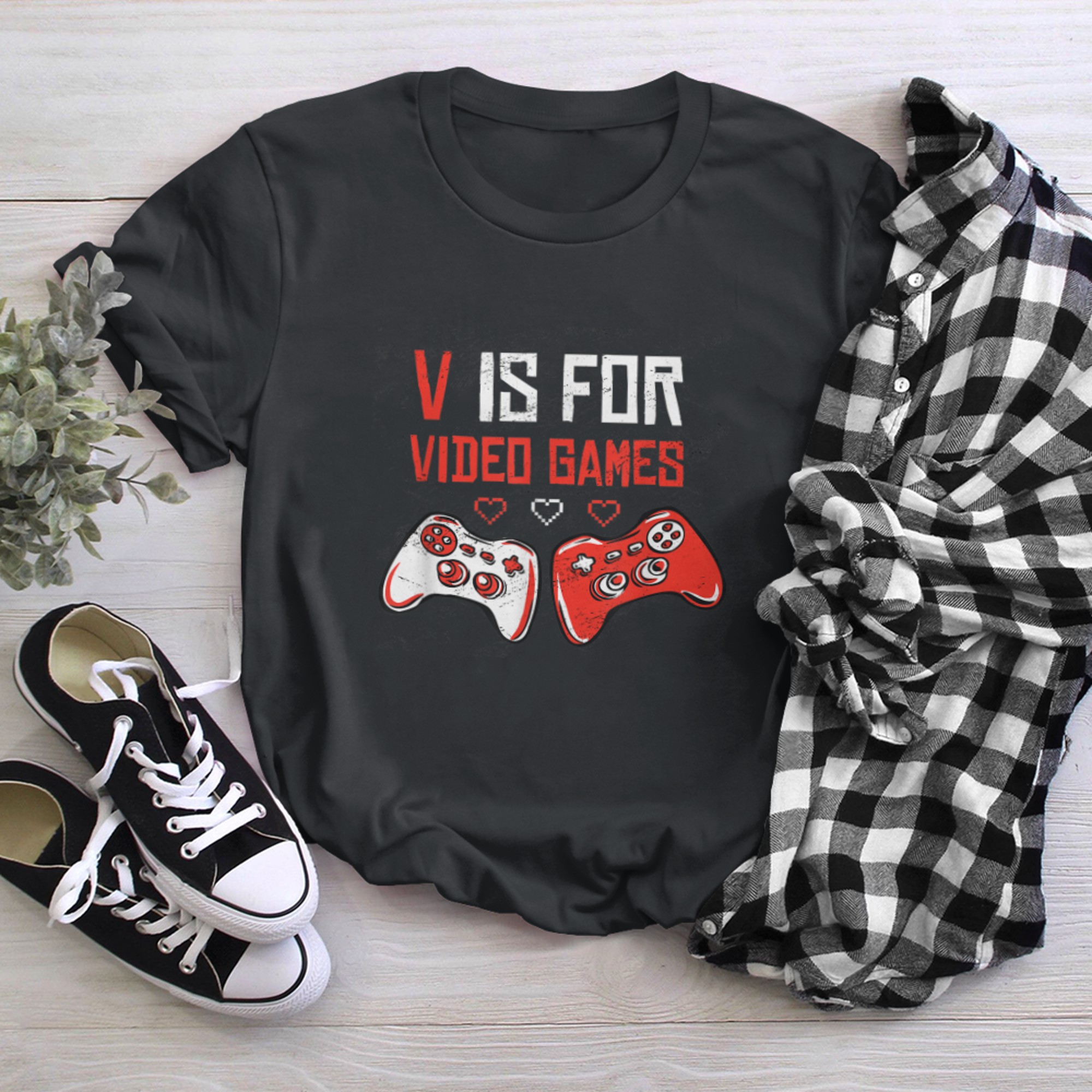 V is for Video Games Valentines Day Quote Gaming Controller t-shirt black