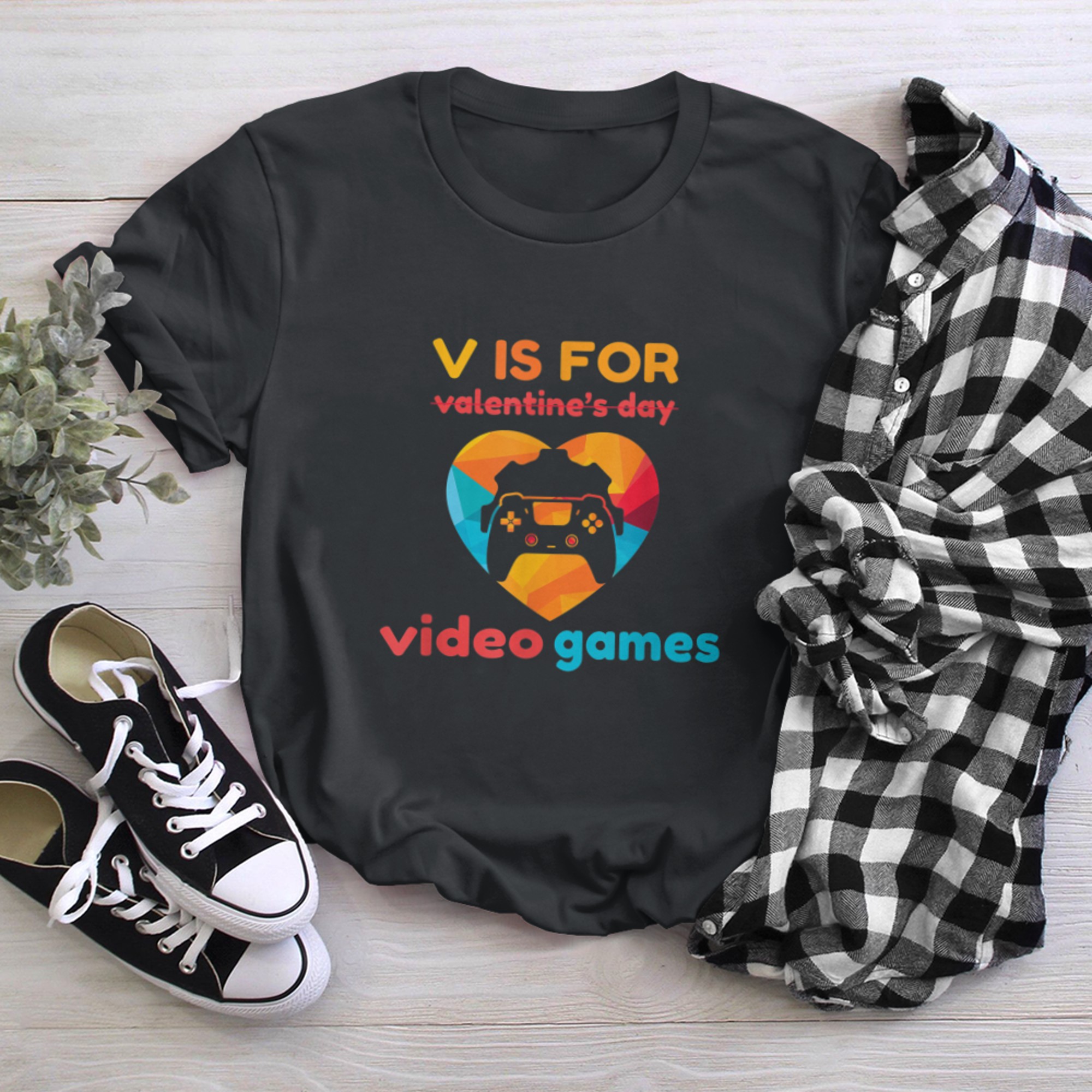 V is for Video Games Valentines Day t-shirt black