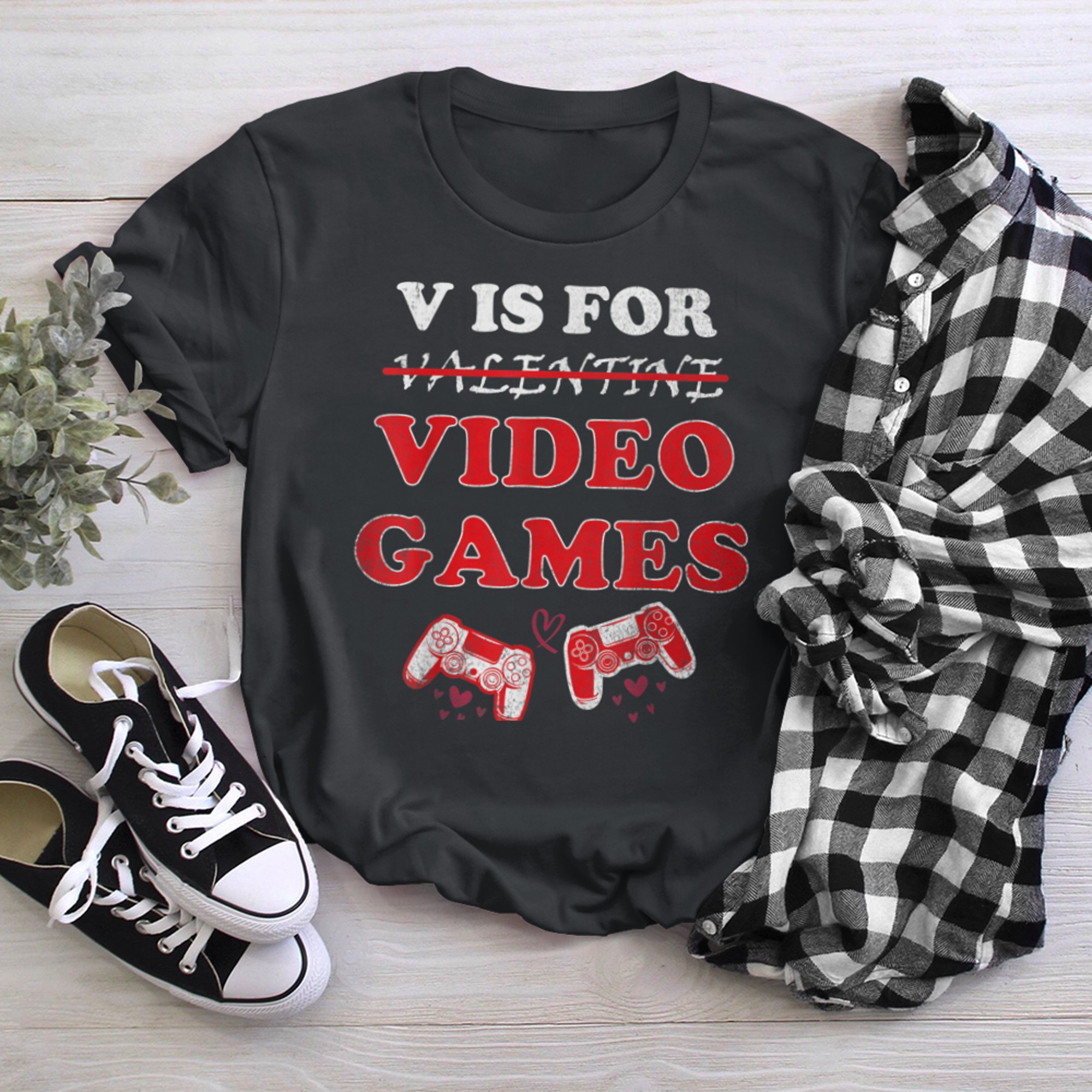 V Is For Video Games valentine's day, Video game lovers t-shirt black