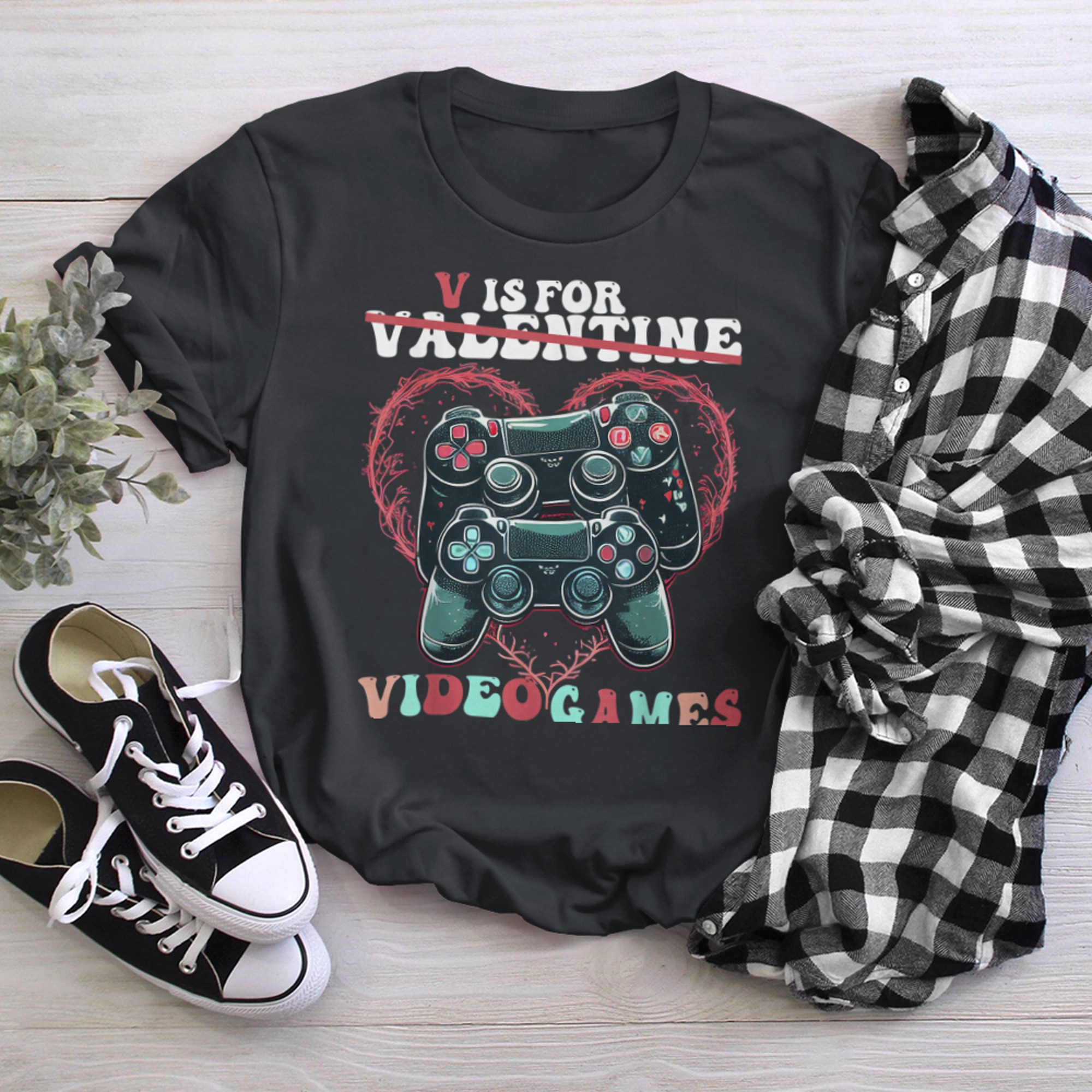 V Is for Video Games Valentine's Day Video Game t-shirt black