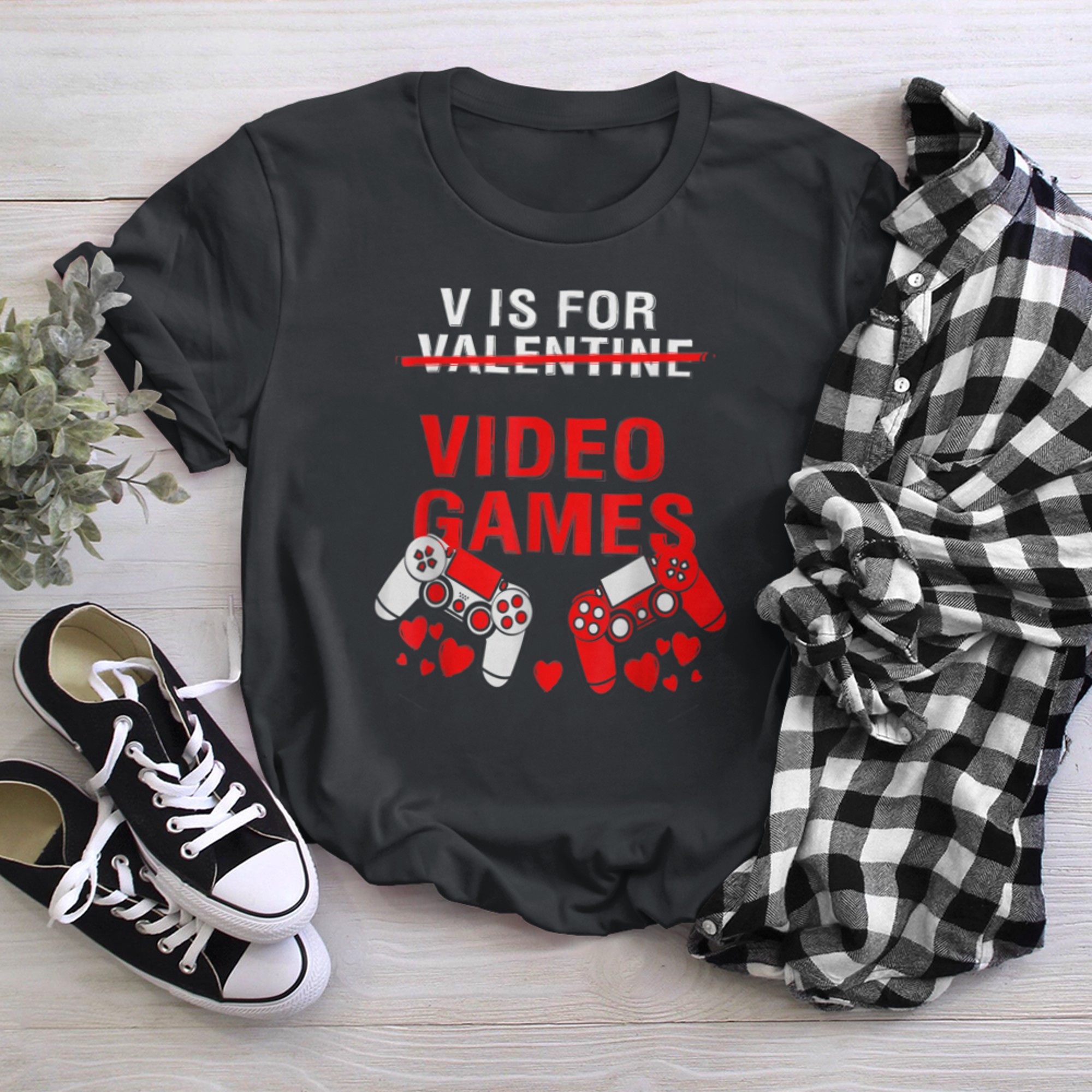 V is for Video Games Valentines Day Women Girls Boy t-shirt black