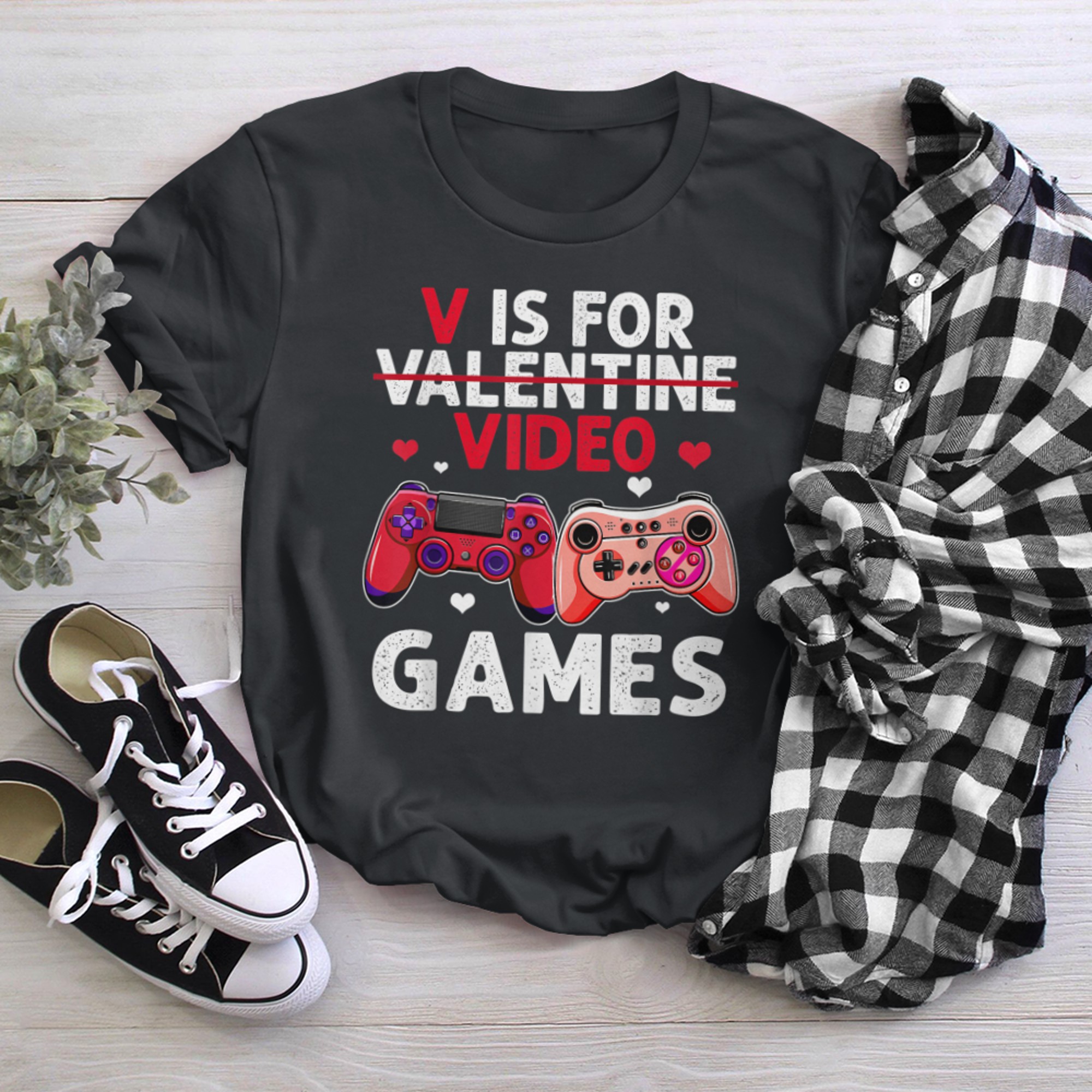 V Is For Video Games Valentines Day Women Girls Boys t-shirt black