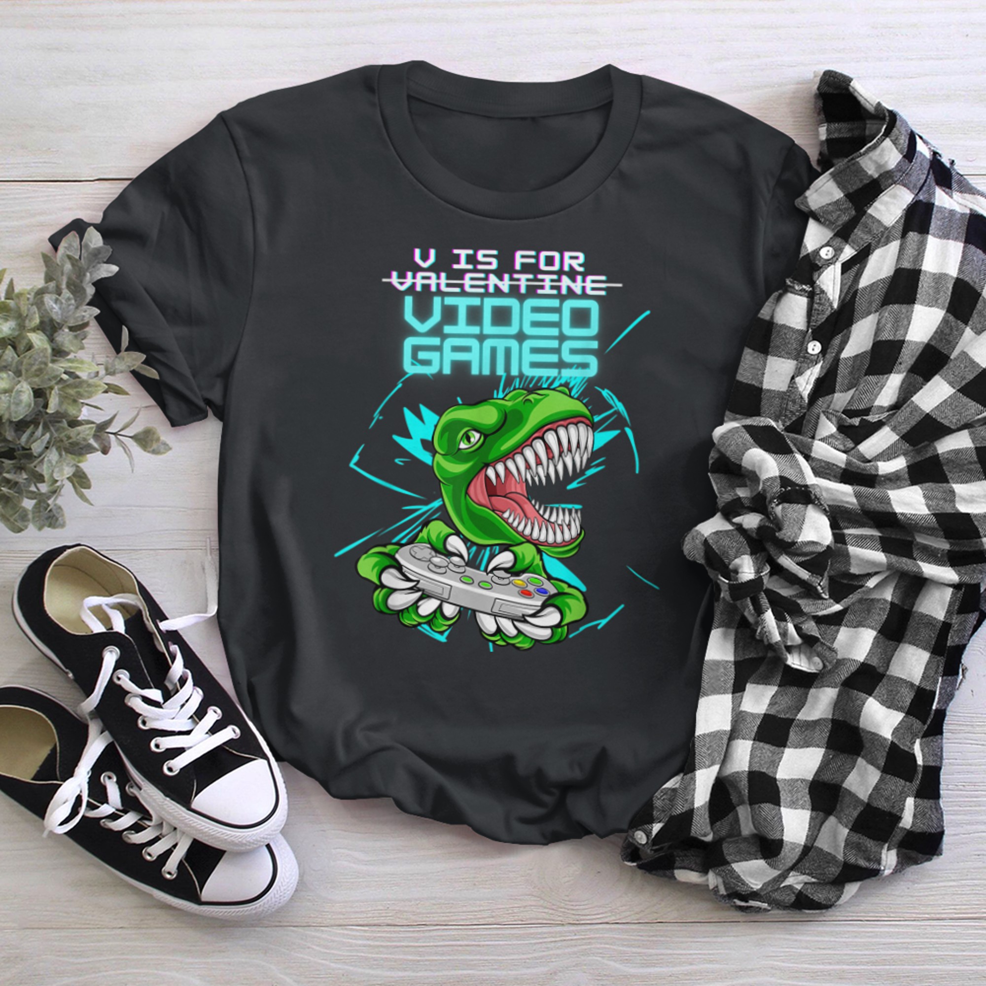 V Is For Video Games Valentines funny t-shirt black