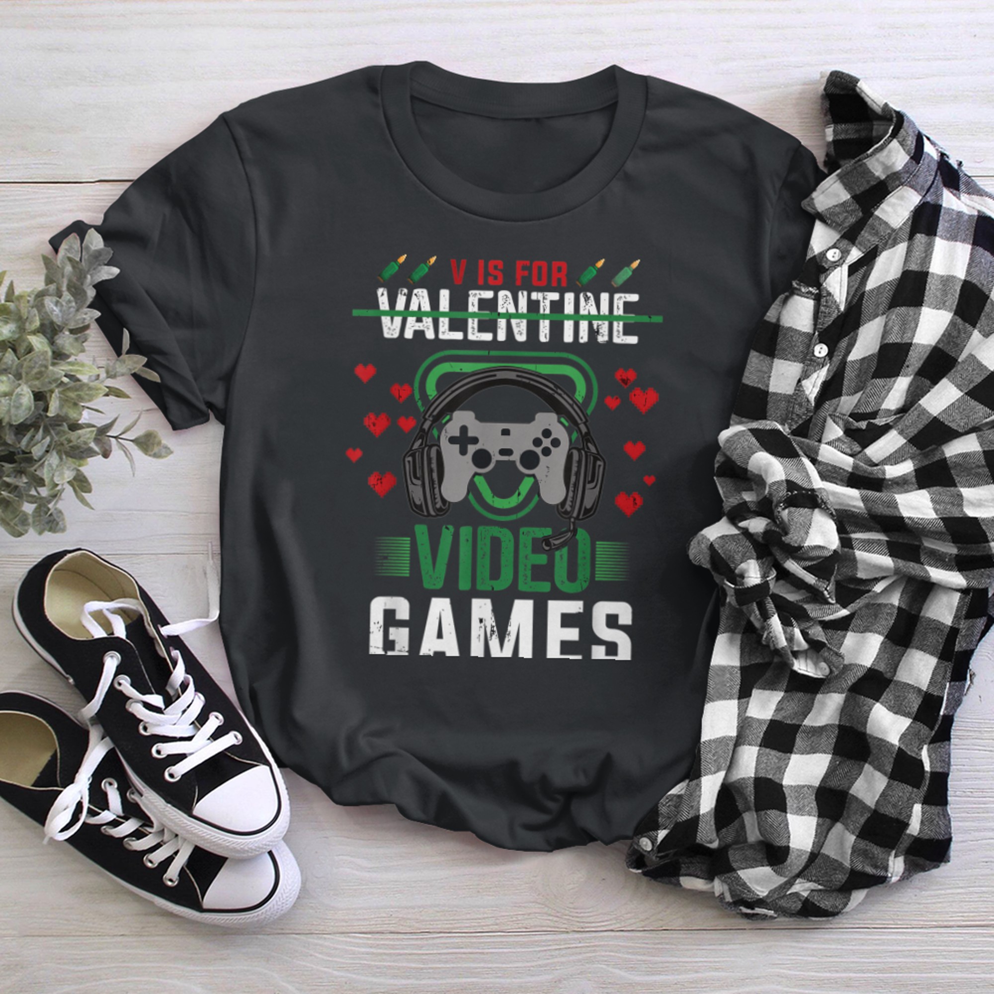 Valentine day Video Games V is for Video Games t-shirt black