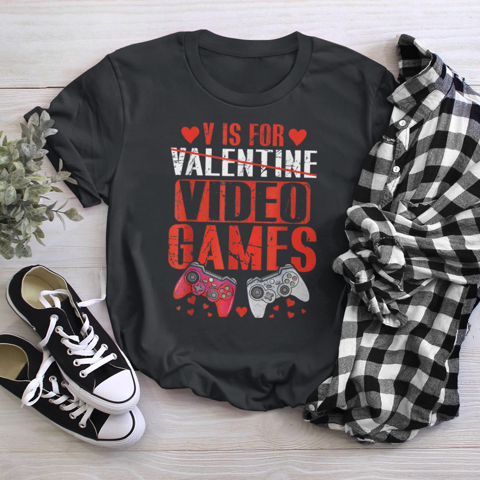 Valentines Day boys kids son V Is For Video Games gamer (2) t-shirt black