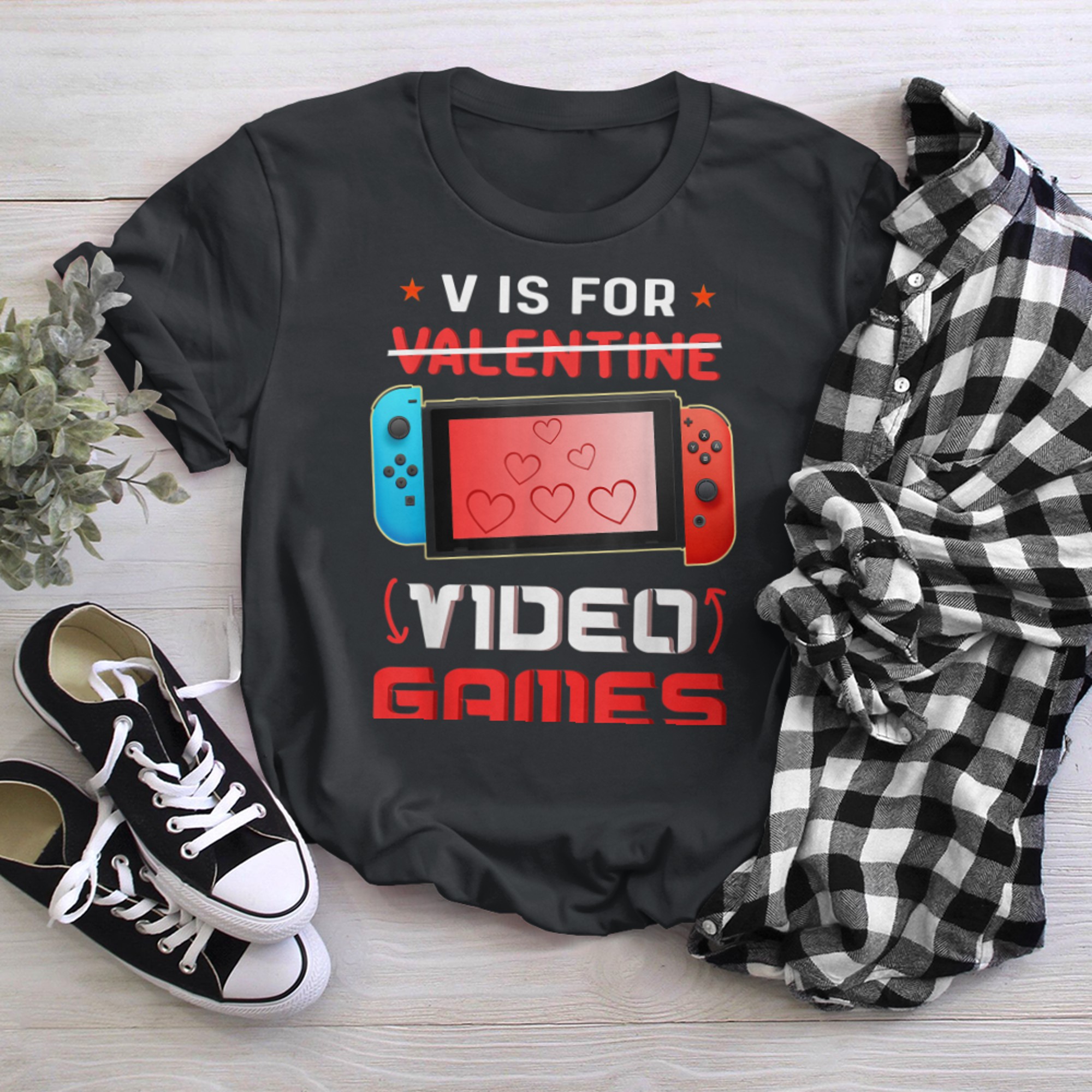 Valentines Day boys kids son V Is For Video Games gamer (4) t-shirt black