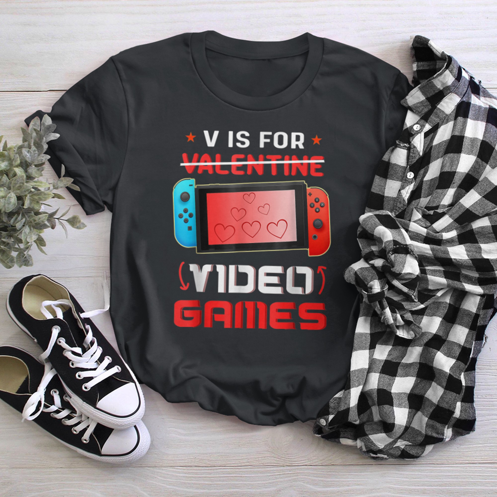 Valentines Day boys kids son V Is For Video Games gamer t-shirt black