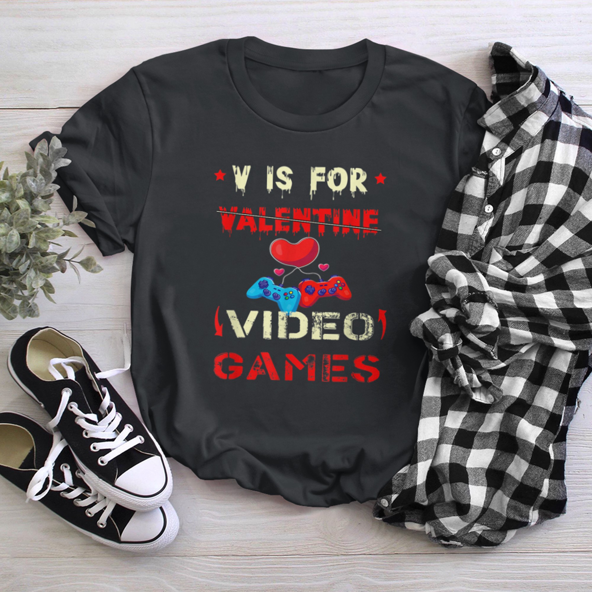 Valentines Day boys kids son V Is For Video Games Red Heart t-shirt black